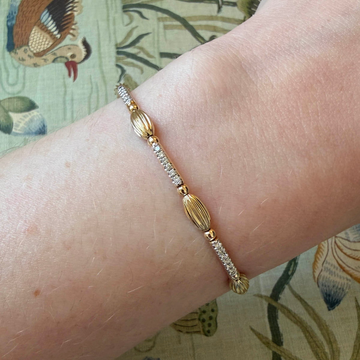 Diamond Pavé 14K Gold Rice Bead Station Flex Bangle