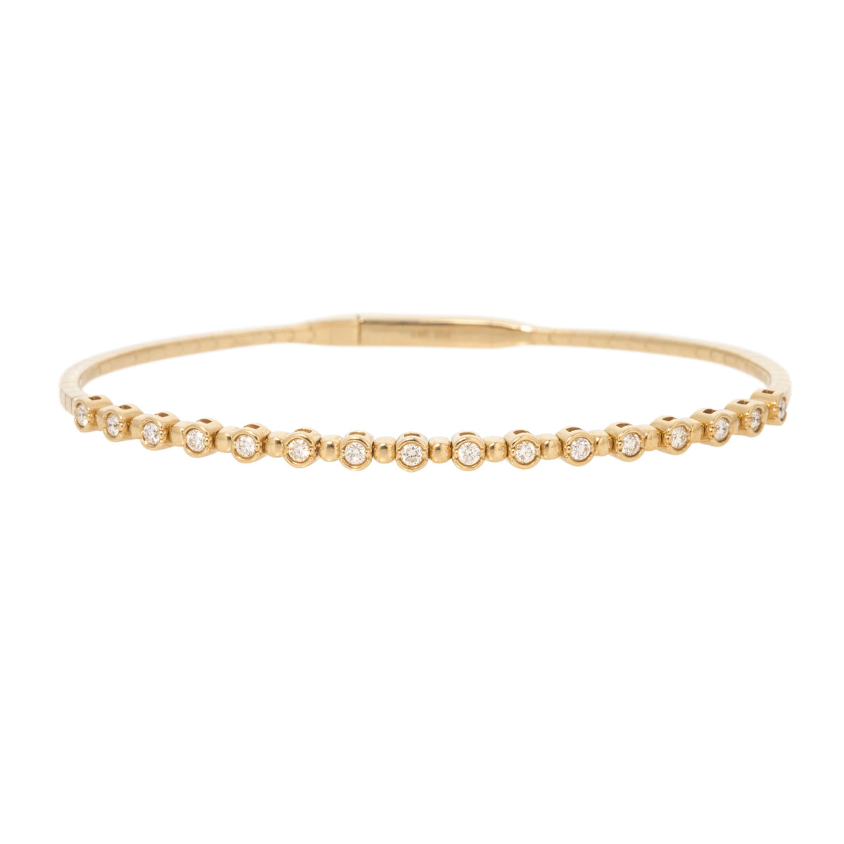 Diamond Bezel Set 14K Yellow Gold Flexible Bangle on a white background.