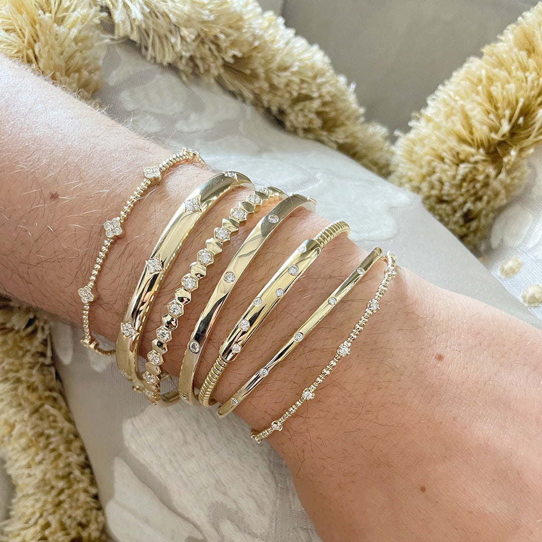 Diamond Quad 5 Station 14K Yellow Gold Beaded Flexible Bangle