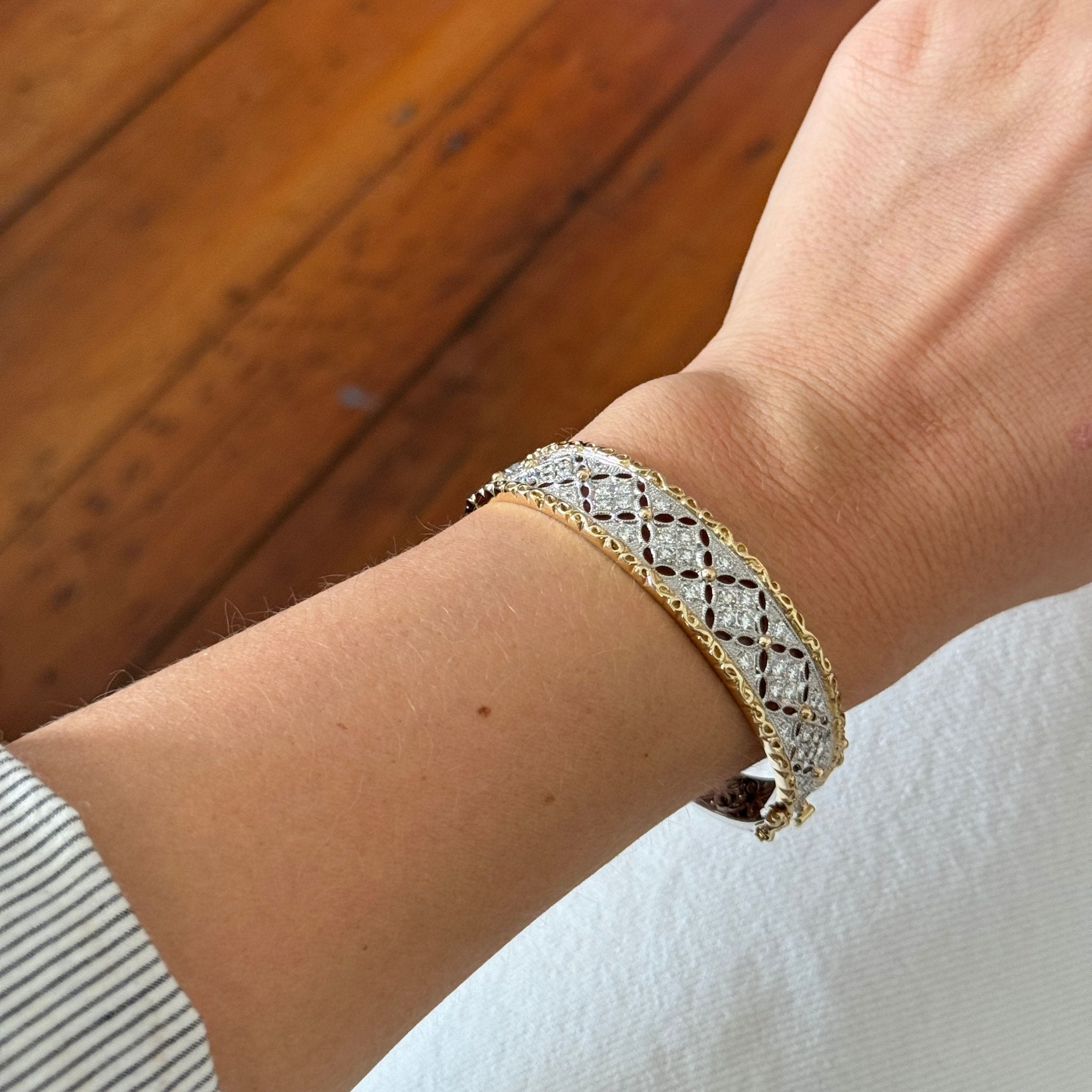 2.21ctw Diamond Filigree Two Tone 14K Gold Bangle