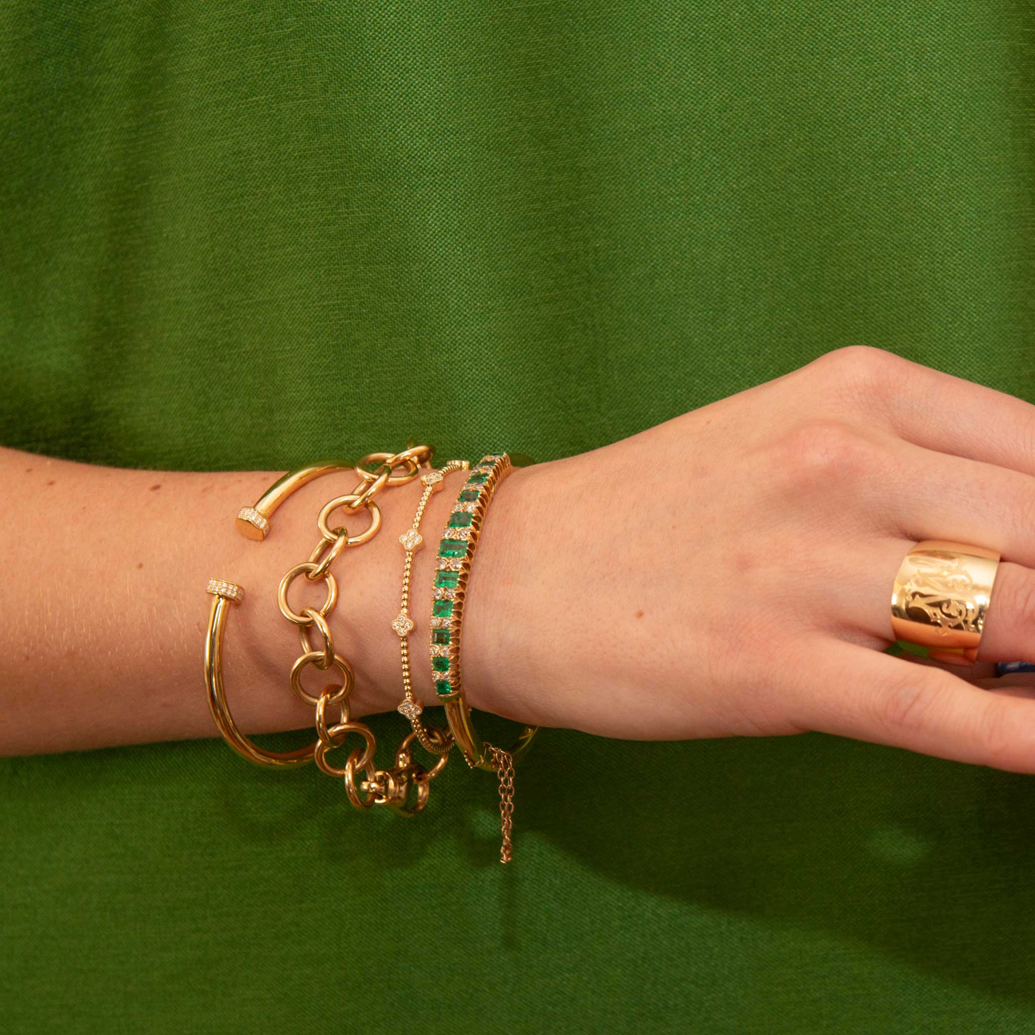 Diamond Pavé End Cap 18K Yellow Gold Open Bangle, Diamond Quad 5-Station 14K Yellow Gold Beaded Flexible Bangle, Victorian 1.80ctw Graduated Emerald & Diamond 15K Yellow Gold Bangle