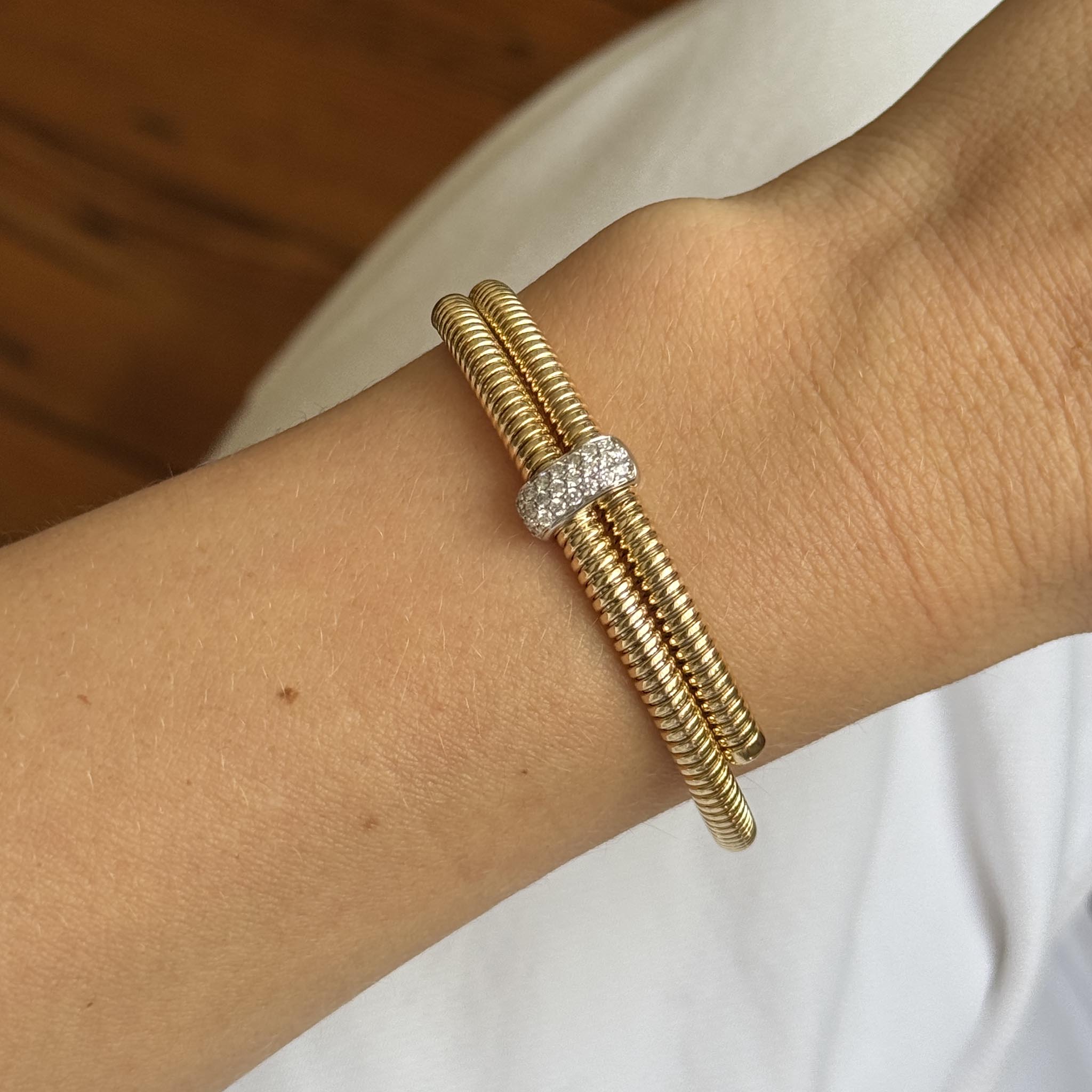 Diamond Pavé Station 18K Gold Tubogas Bypass Bangle
