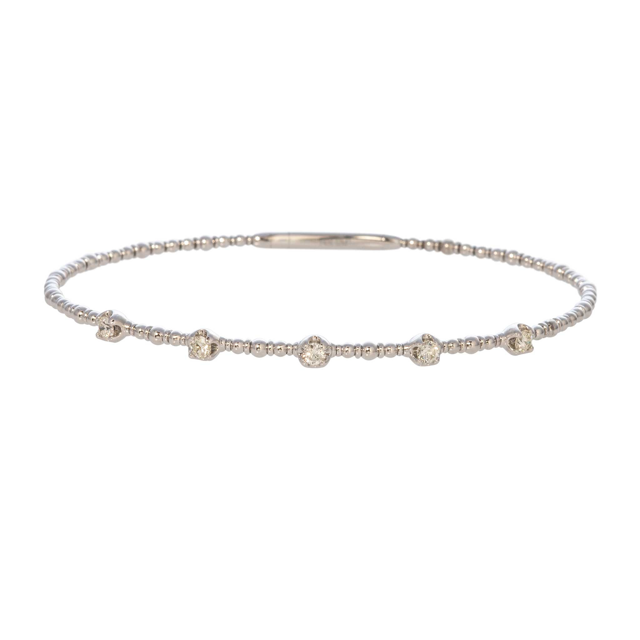 Diamond 5 Station 14K White Gold Beaded Flexible Bangle