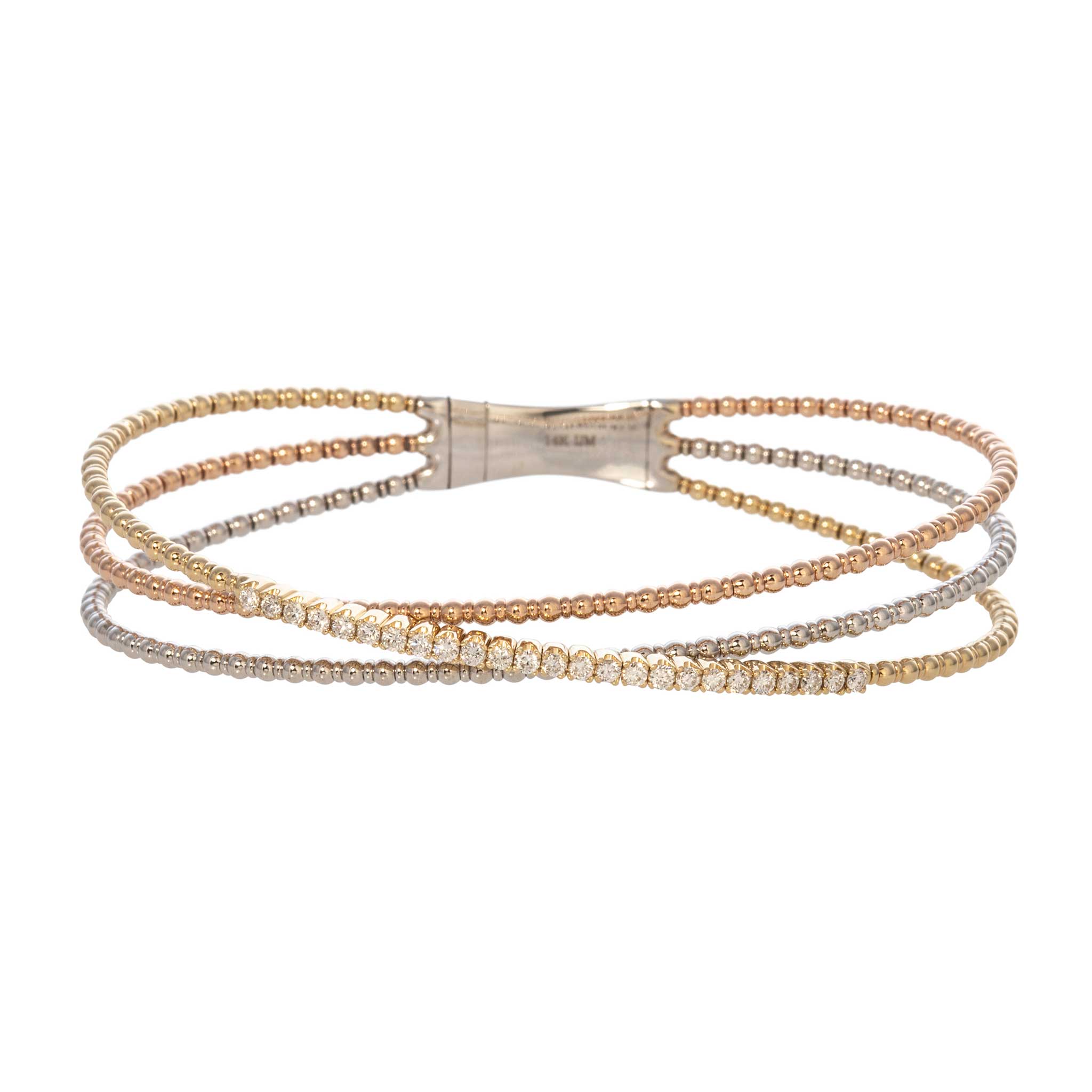 Diamond Crossover 14K Gold Beaded Flexible Triple Bangle