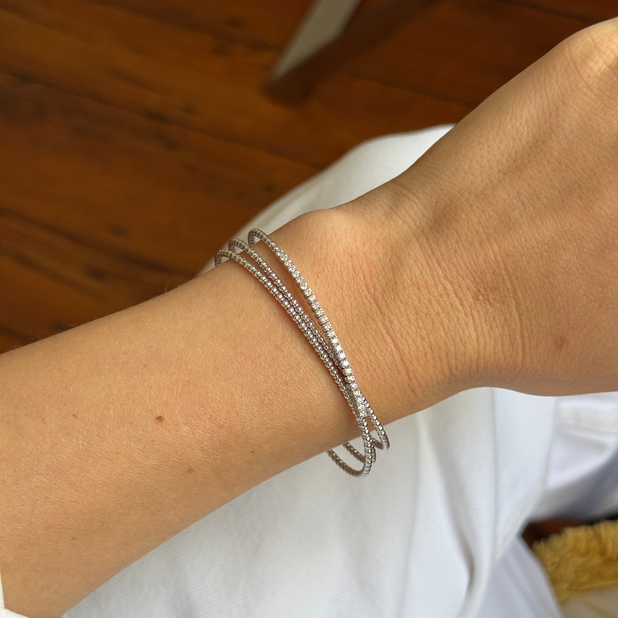 Diamond Crossover 14K White Gold Beaded Flexible Triple Bangle