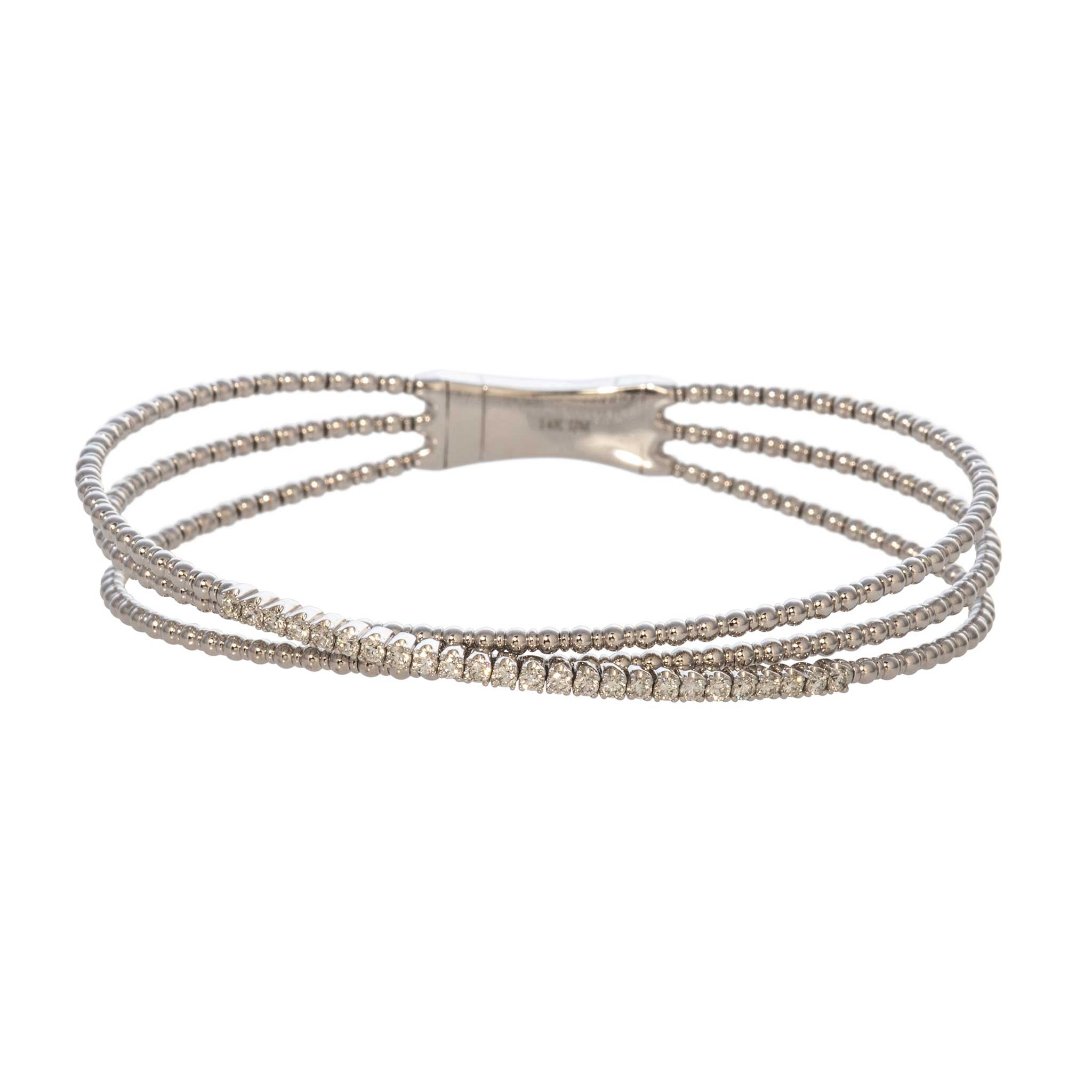 Diamond Crossover 14K White Gold Beaded Flexible Triple Bangle