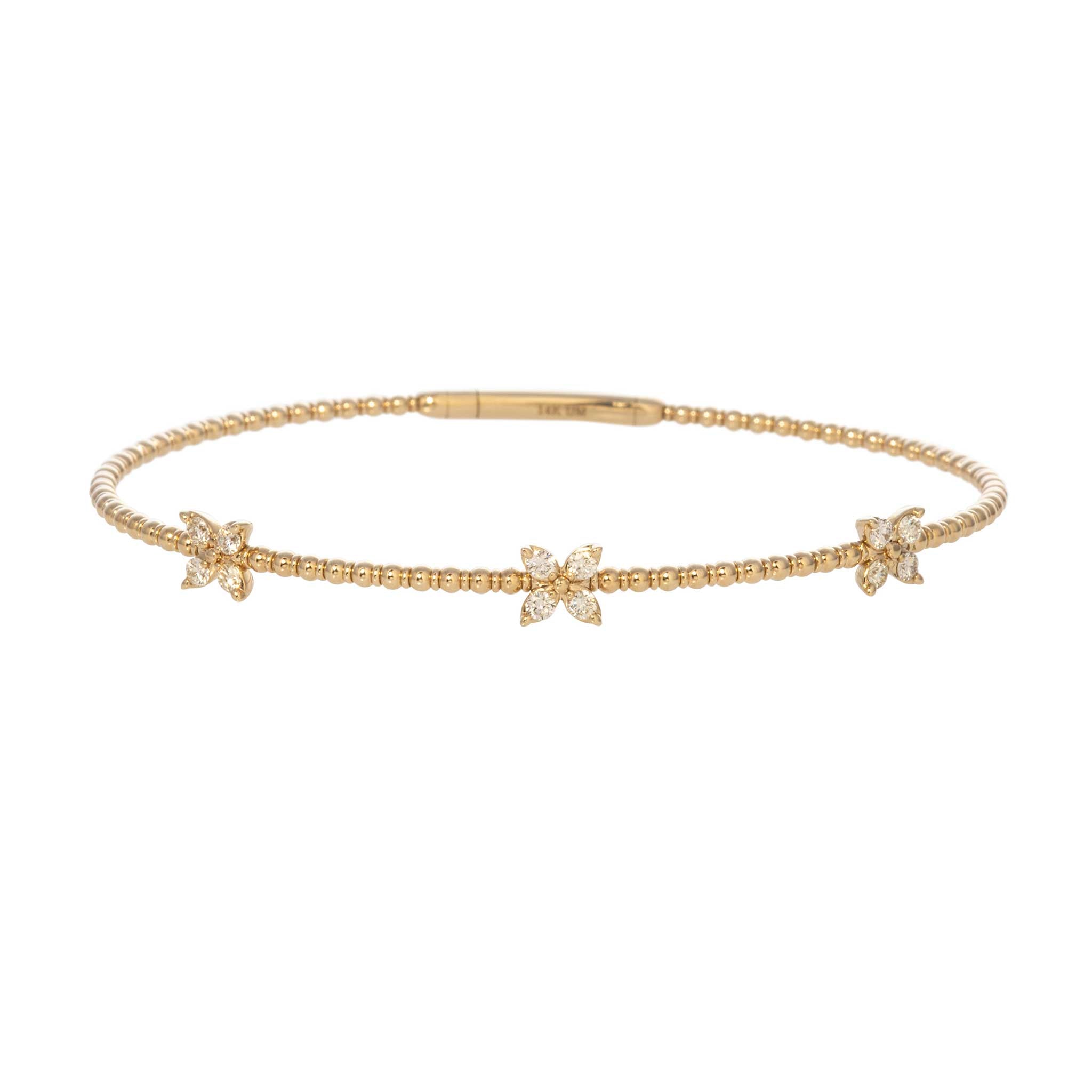 Diamond Flower 3-Station 14K Yellow Gold Flex Bangle