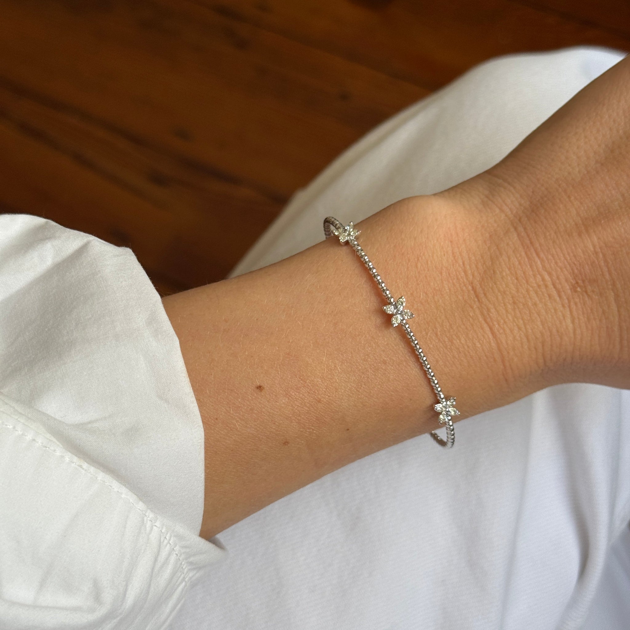Diamond Flower 3 Station 14K White Gold Flex Bangle