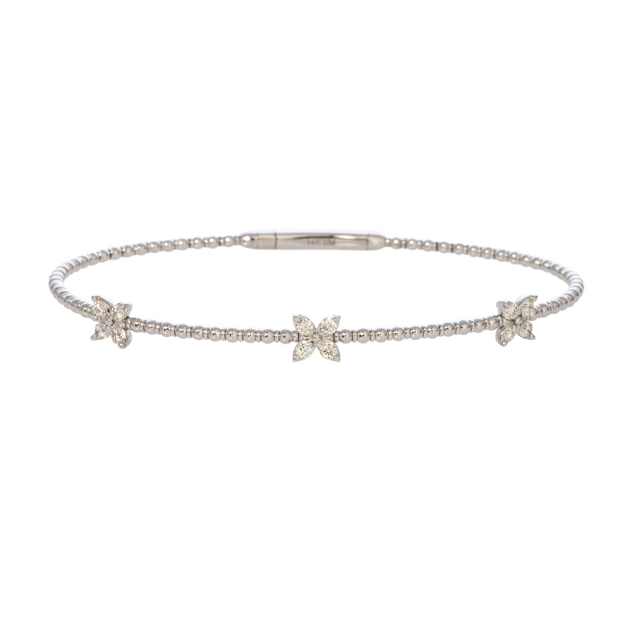 Diamond Flower 3 Station 14K White Gold Flex Bangle