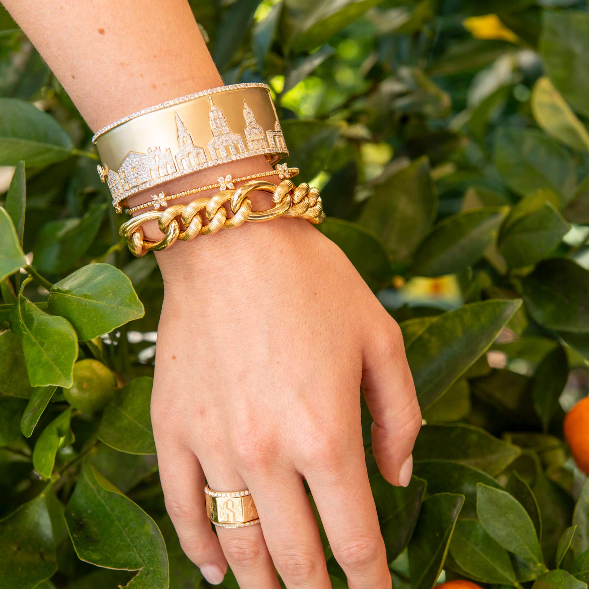 Wide Charleston Skyline Cuff Bangle with Diamonds, Diamond Flower 3-Station 14K Yellow Gold Flex Bangle, Mini Mariana Bracelet, Personalized 14K Gold Family Ring