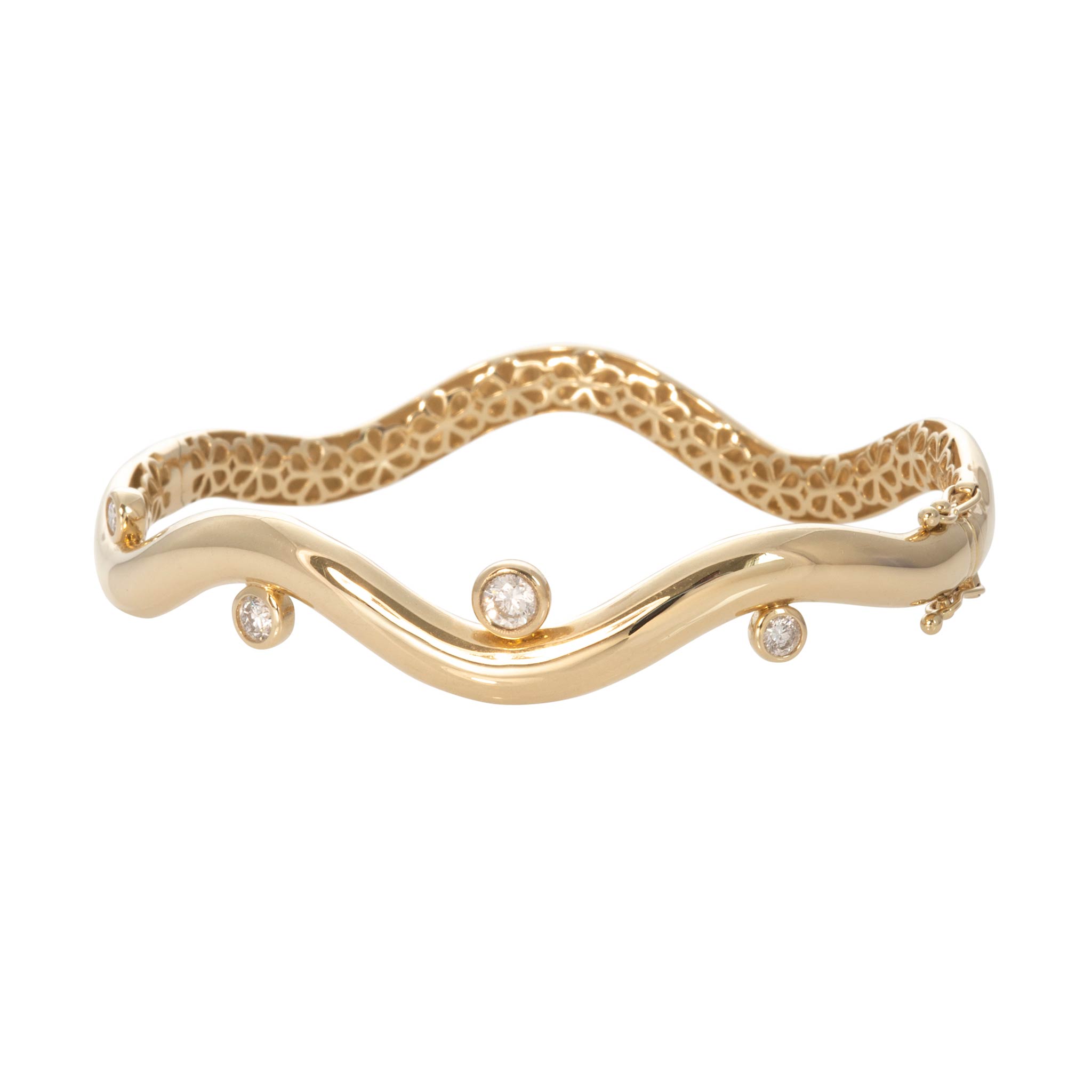 .57ctw Diamond Bezel 14K Yellow Gold Wavy Bangle