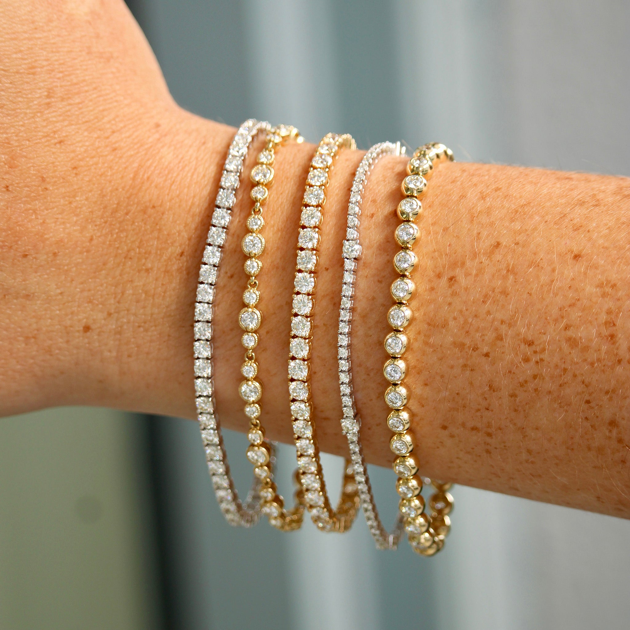 Diamond Milgrain Bezel 14K Yellow Gold Tennis Bracelet, Diamond Station 14K White Gold Tennis Bracelet