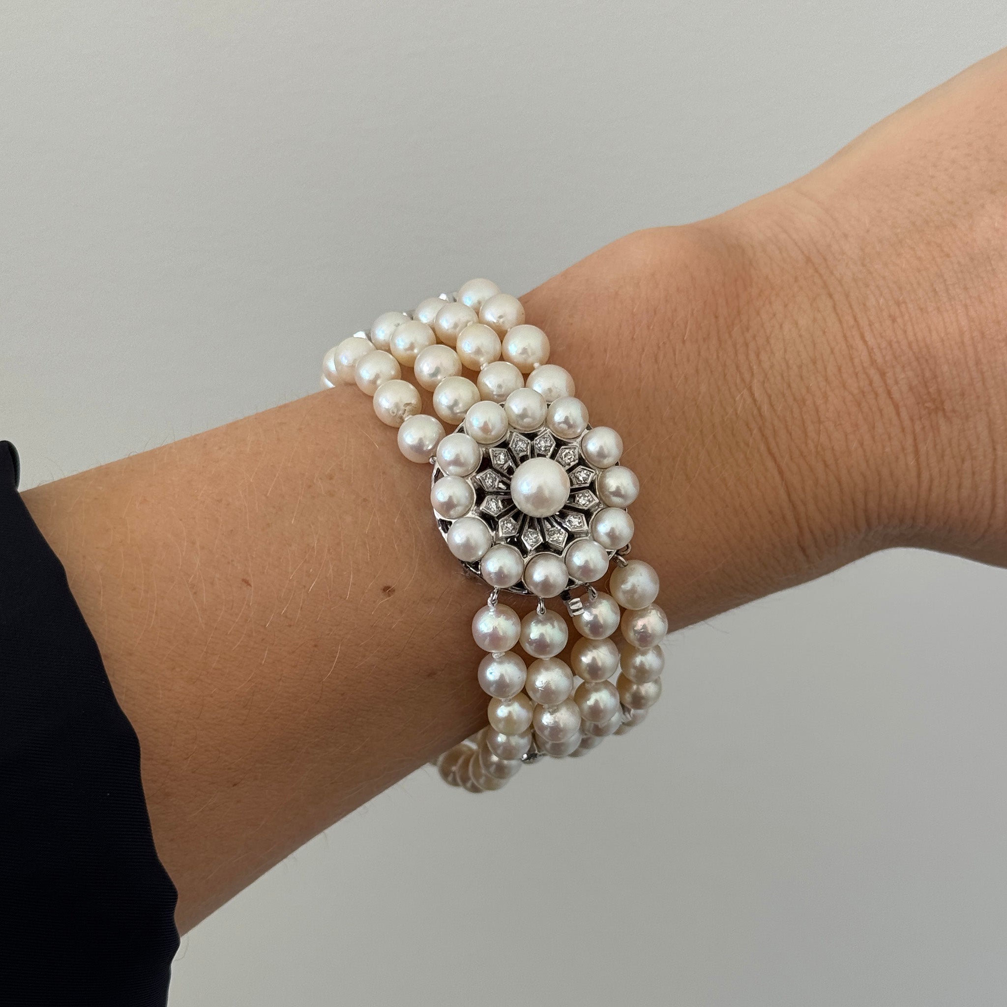 Vintage 4-Strand Cultured Pearl & Diamond 14K White Gold Bracelet