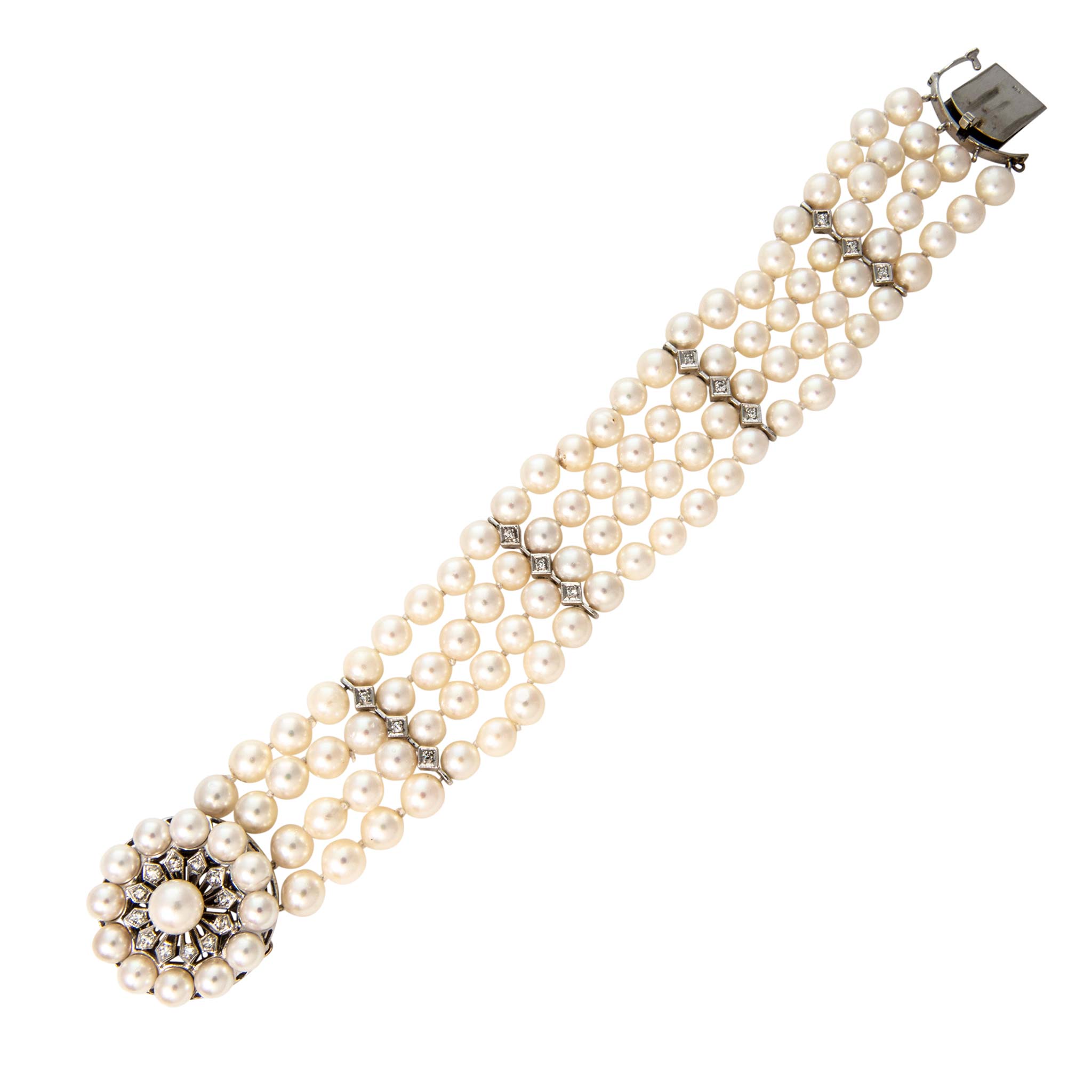 Vintage 4-Strand Cultured Pearl & Diamond 14K White Gold Bracelet