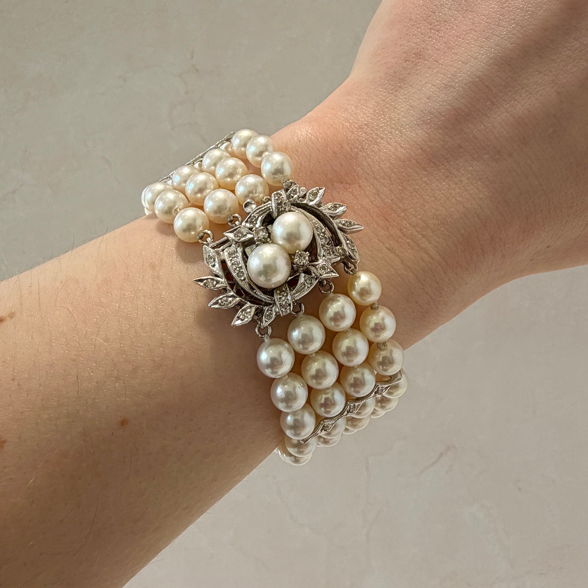 Vintage Diamond 14K White Gold 4-Strand Pearl Bracelet