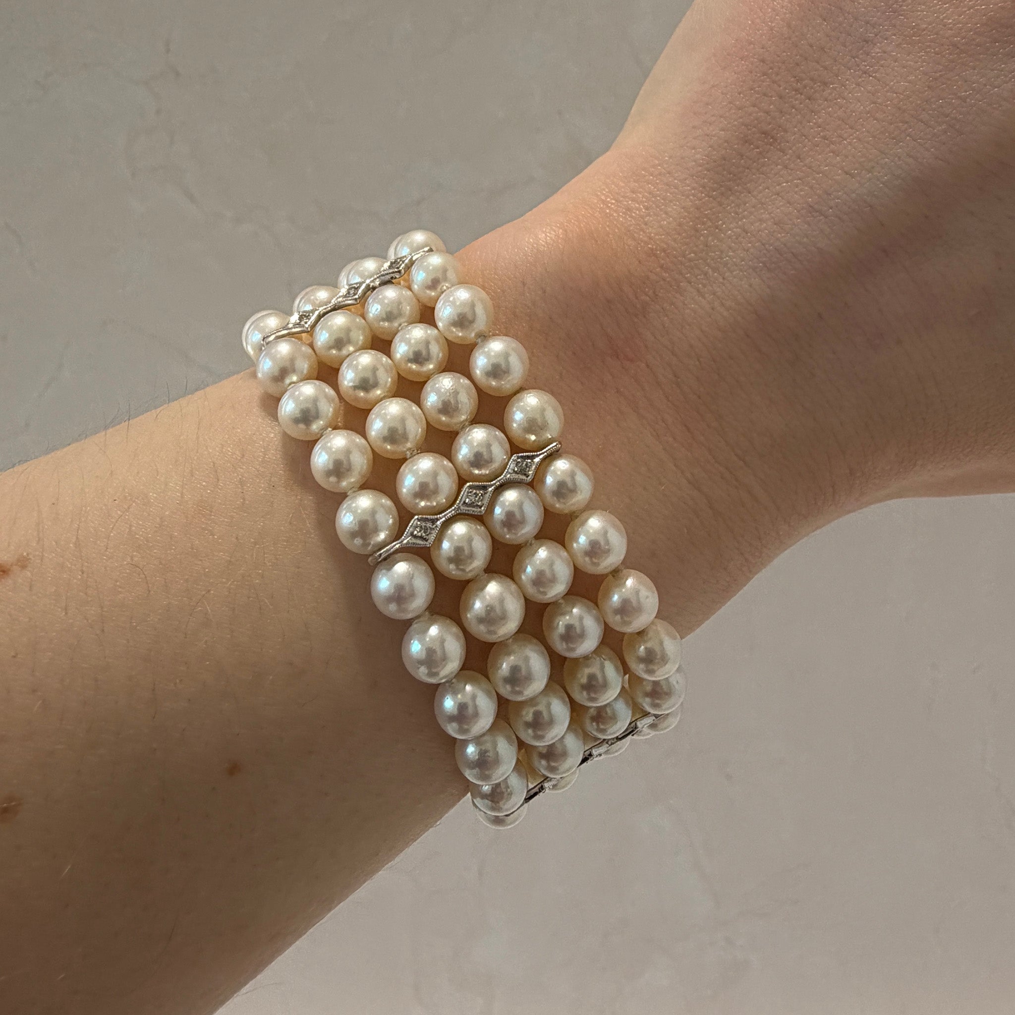 Vintage Diamond 14K White Gold 4-Strand Pearl Bracelet