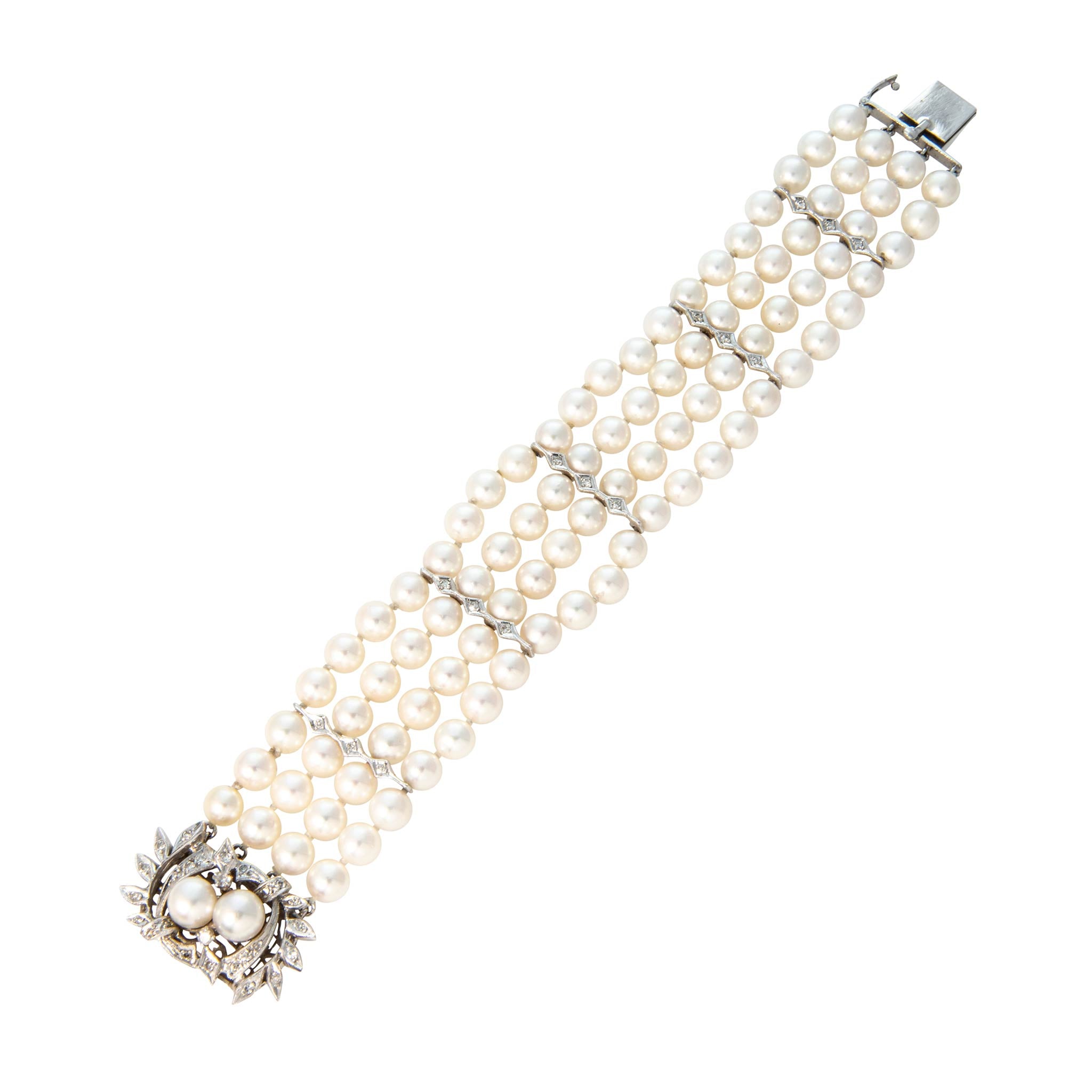 Vintage Diamond 14K White Gold 4-Strand Pearl Bracelet