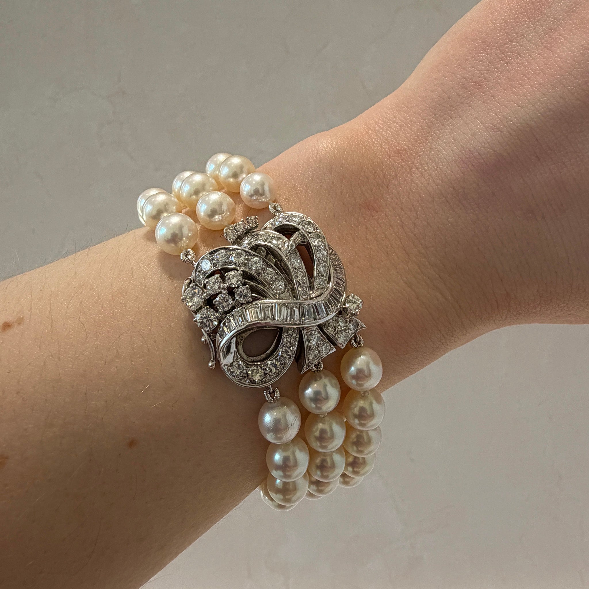Vintage Diamond 14K White Gold 3-Strand Pearl Bracelet