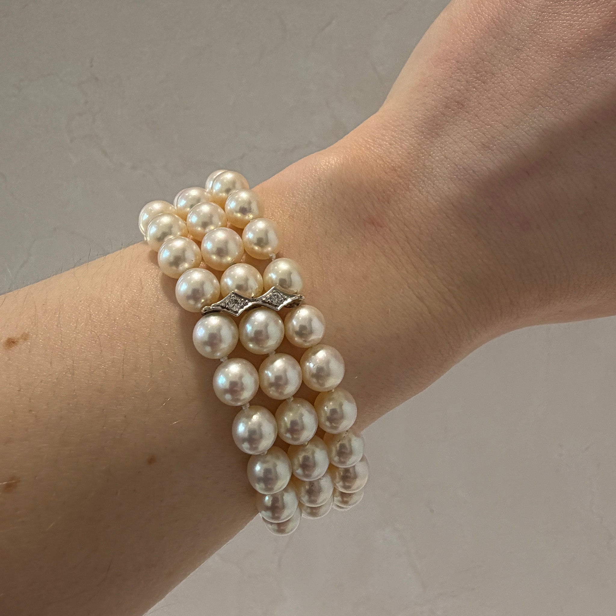 Vintage Diamond 14K White Gold 3-Strand Pearl Bracelet