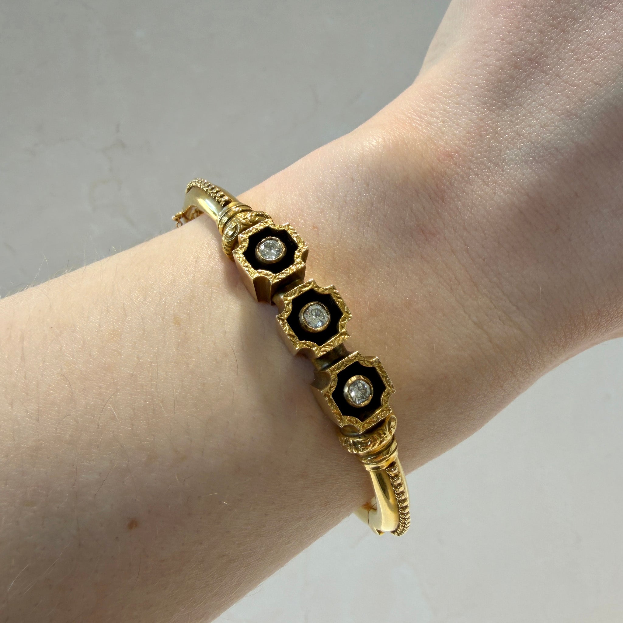 Victorian Etruscan Revival Diamond 14K Yellow Gold Bangle