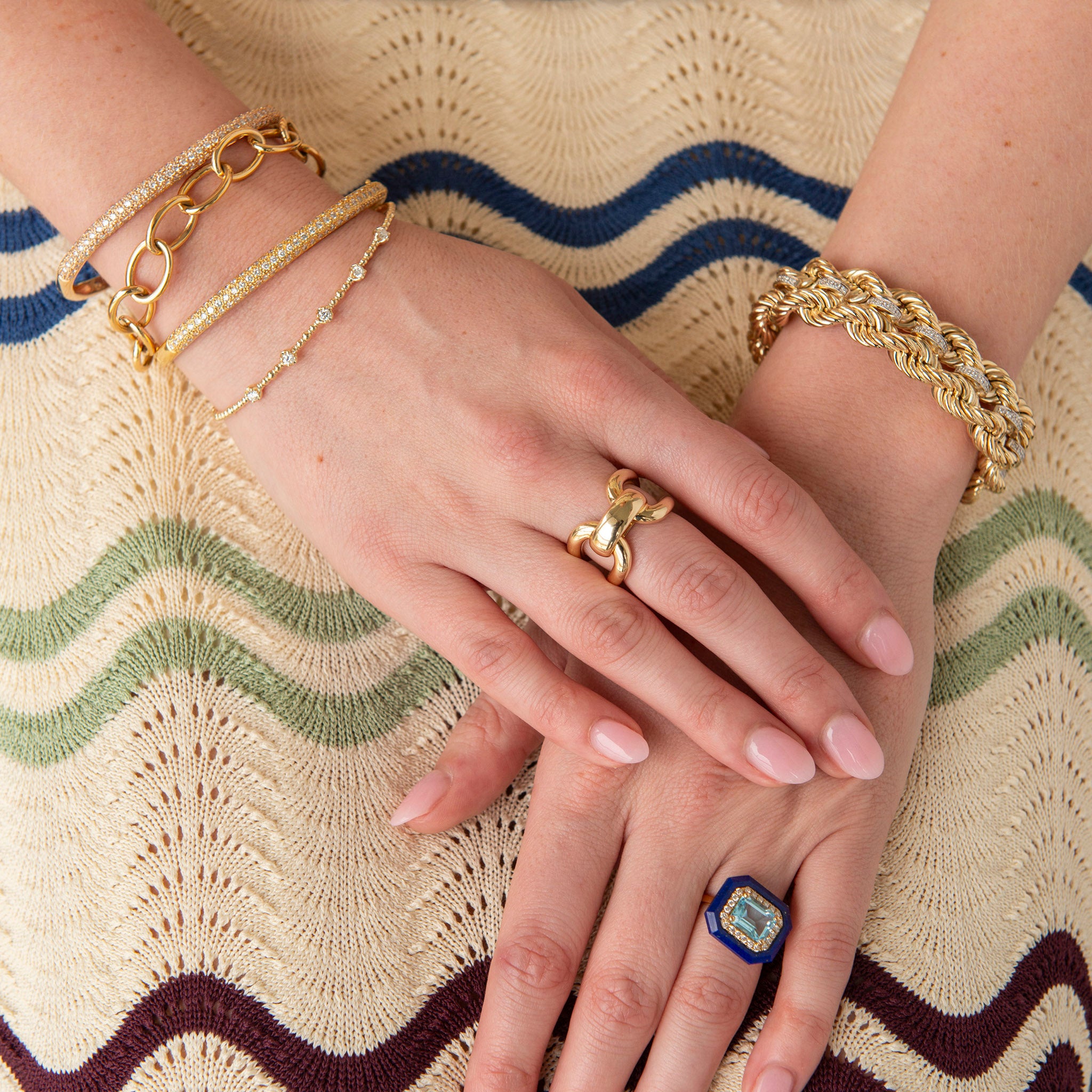 Estate 1.55ctw Diamond PavĂŠ 18K Rose Gold Bangle, Diamond 5-Station 14K Yellow Gold Beaded Flexible Bangle, The Club Bracelet with Diamonds, Emerald-Cut Blue Topaz, Diamond & Lapis 18K Yellow Gold Ring