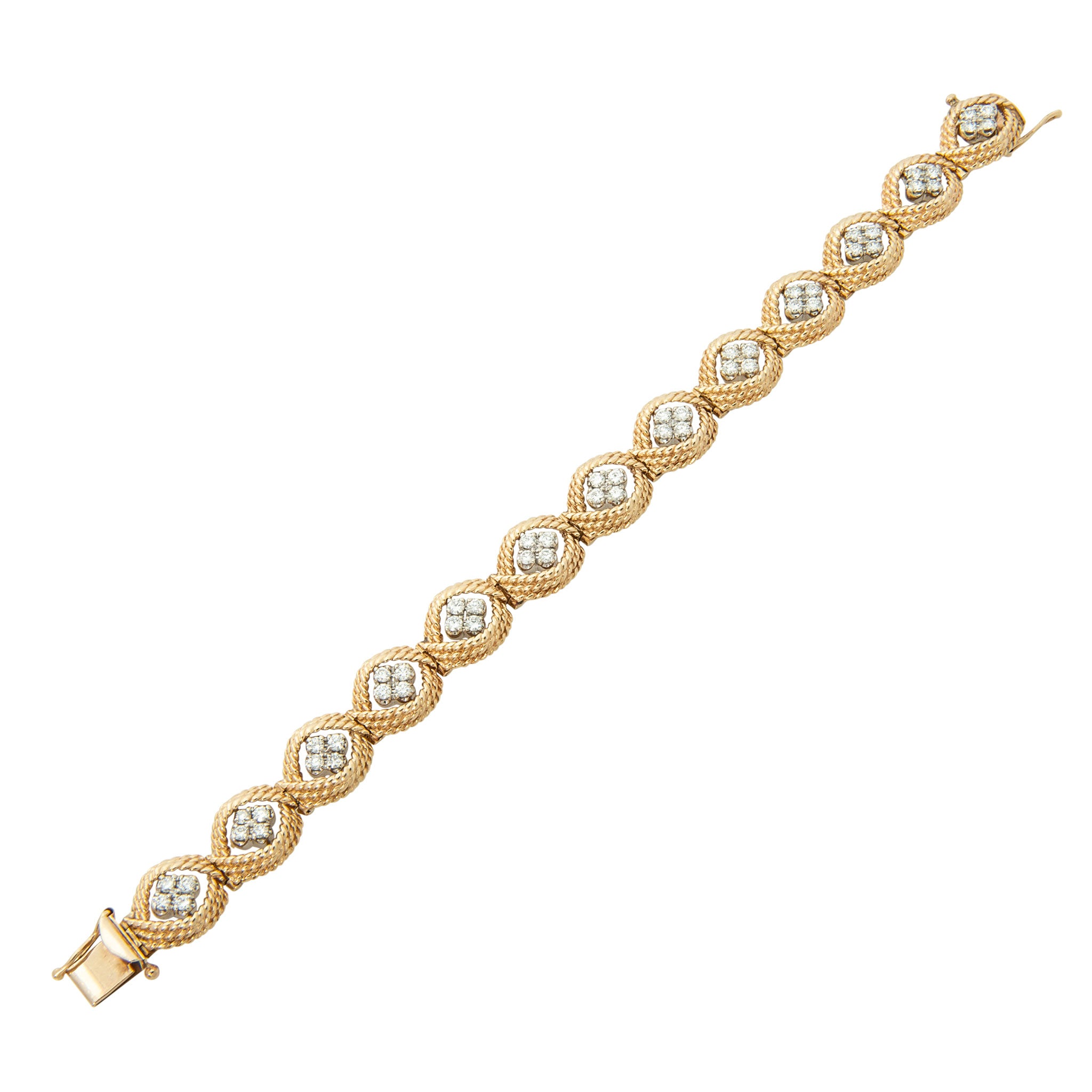 Vintage Diamond Quad 14K Gold Twisted Rope Link Bracelet
