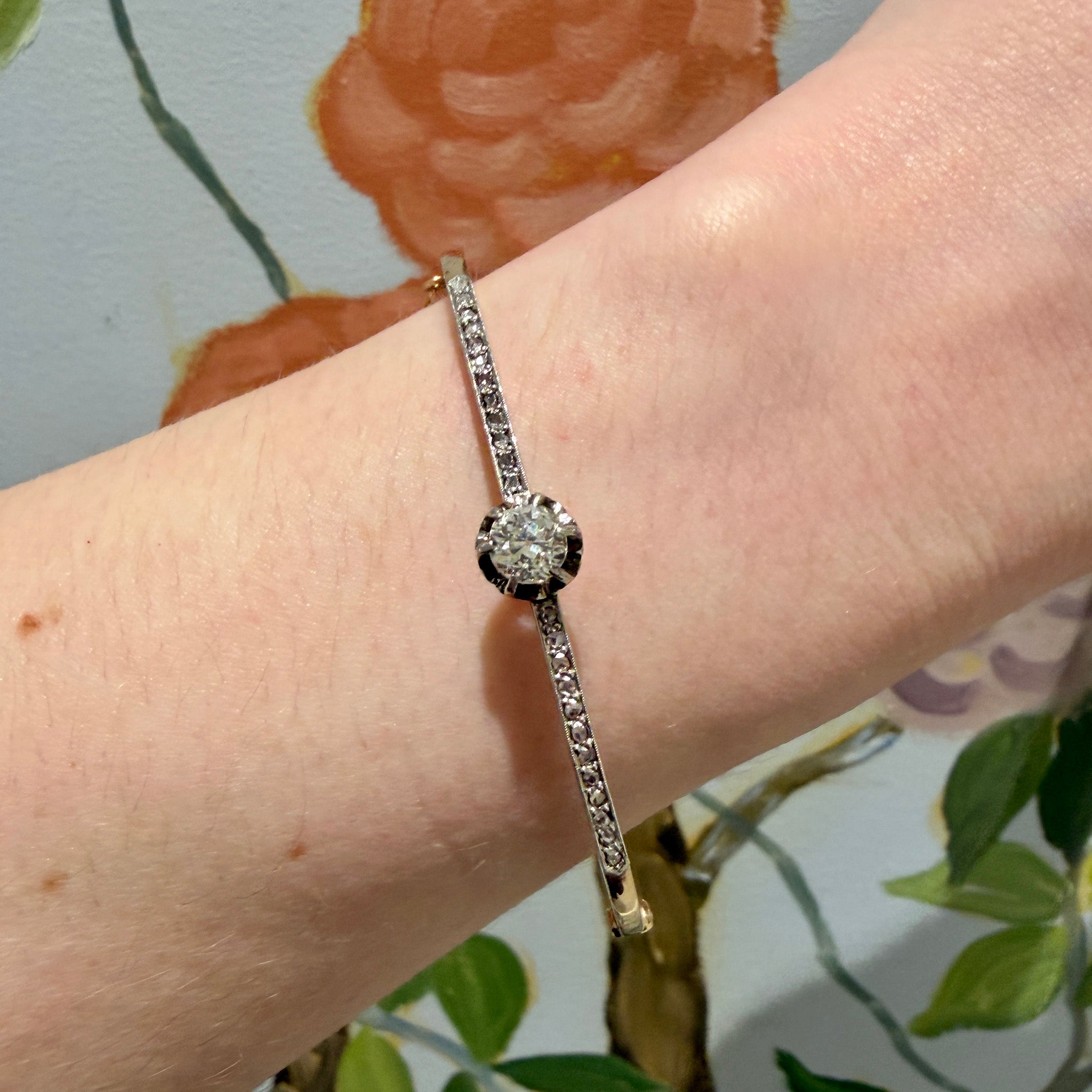 Victorian Style Old Mine Cut Diamond 14K Gold Bangle