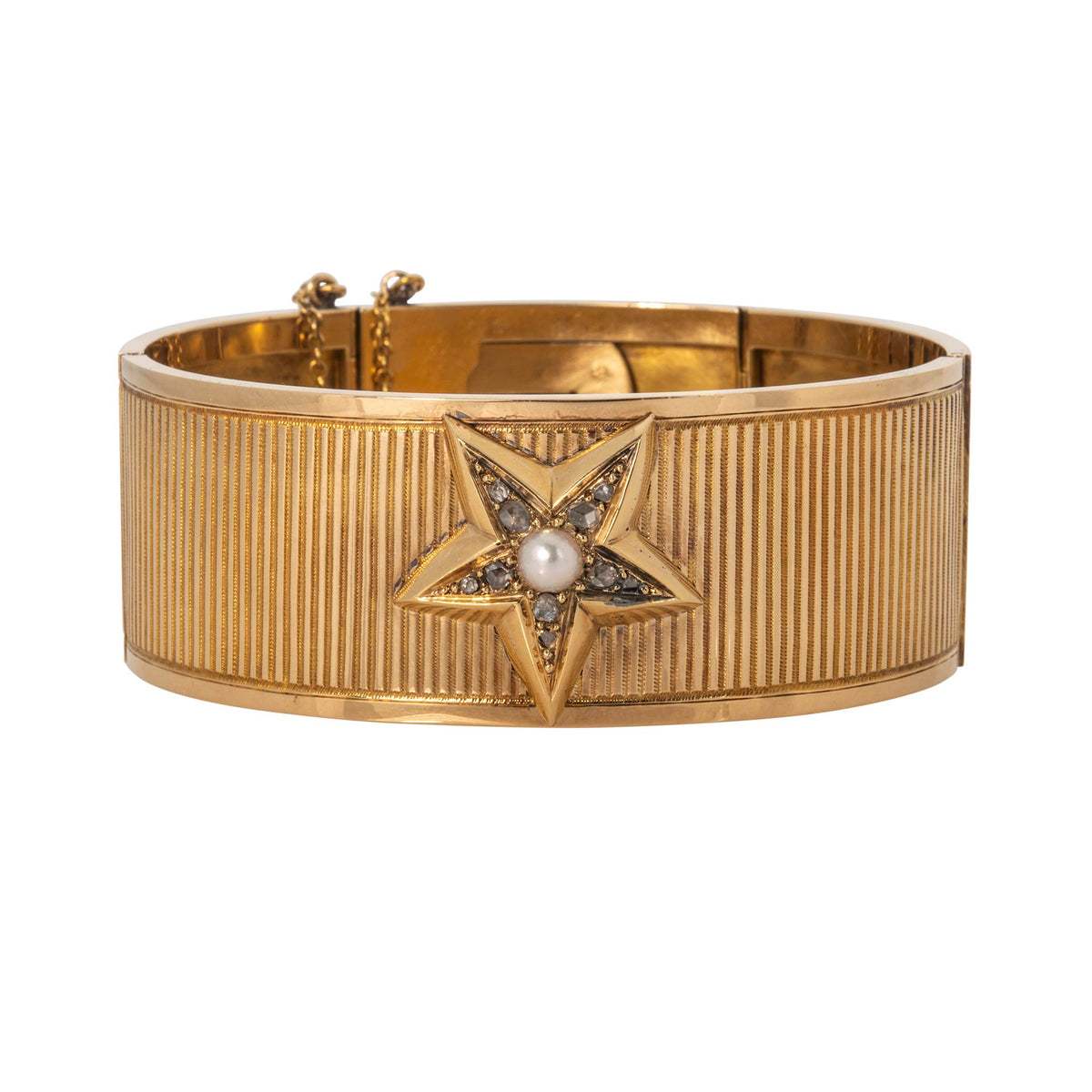 Victorian French Pearl & Diamond Star 18K Gold Bangle
