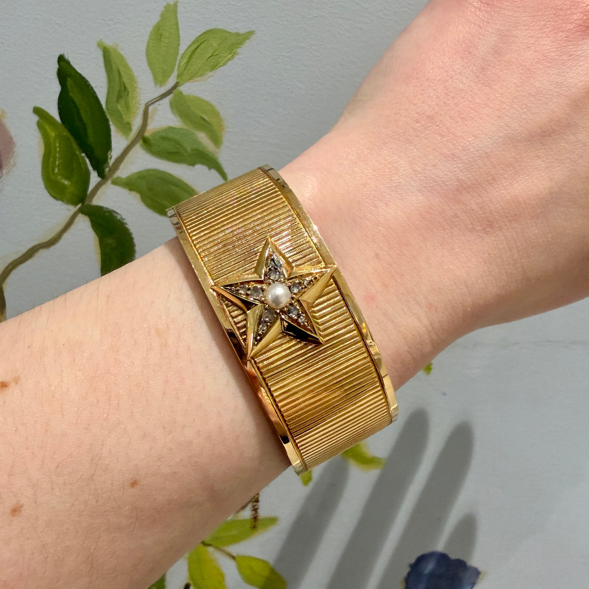 Victorian French Pearl & Diamond Star 18K Gold Bangle