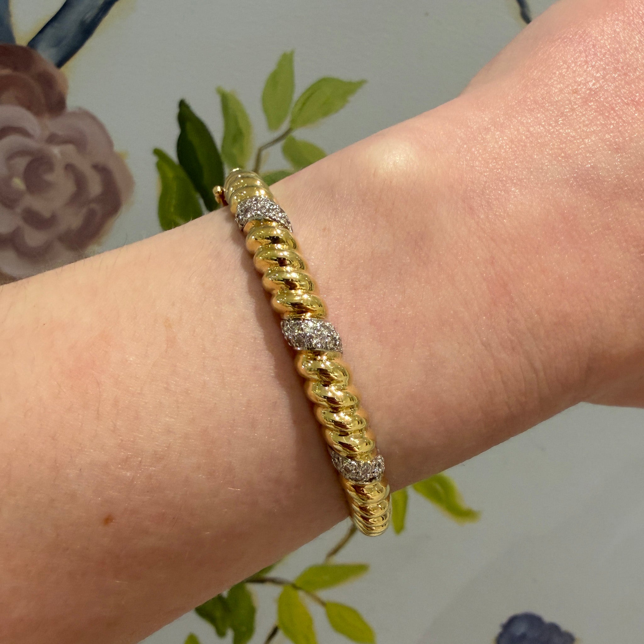 Estate Diamond Pavé 18K Gold Twist Bangle