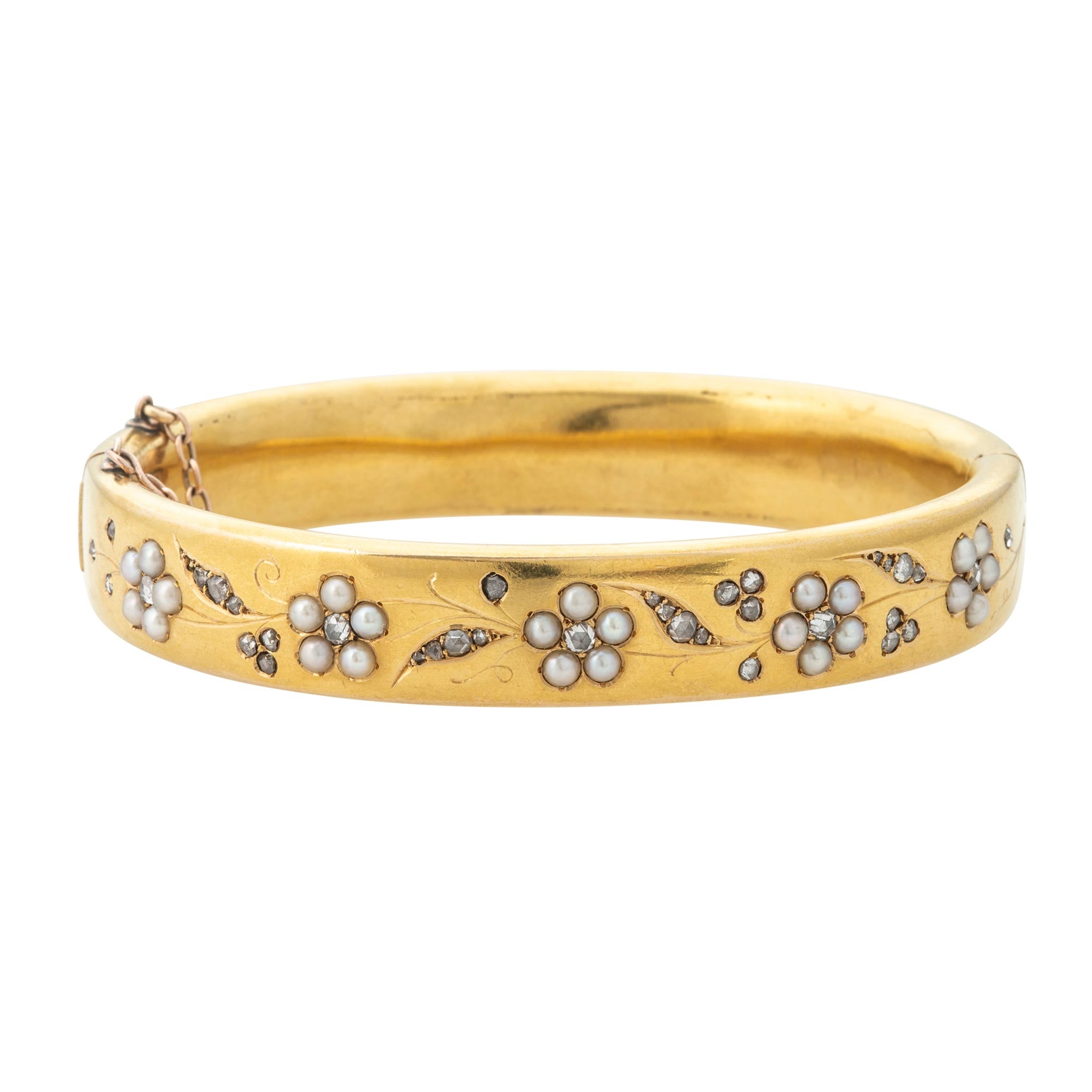 Victorian Style Pearl & Diamond Floral 22K Gold Bangle