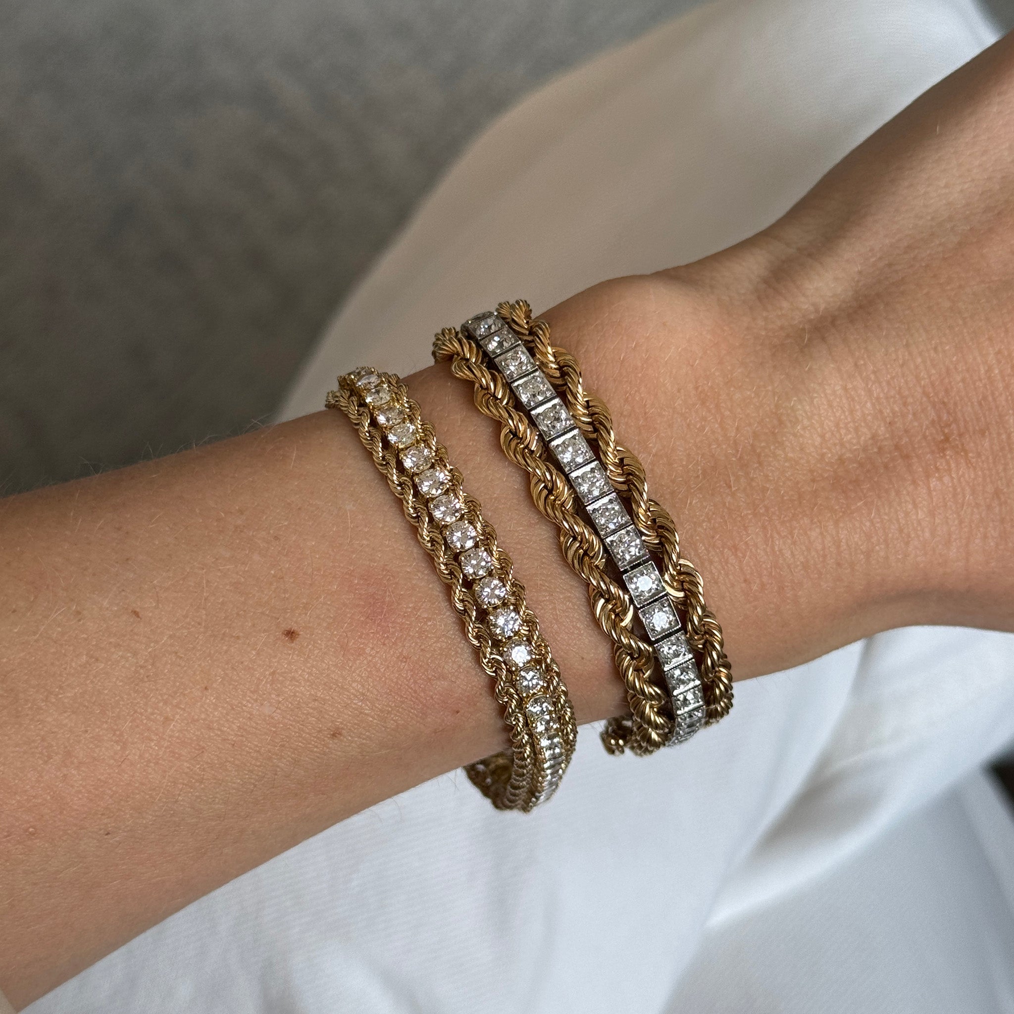 Estate 4ctw Diamond Platinum 14K Gold Rope Edge Bracelet, Estate 7.50ctw Diamond 14K Yellow Gold Rope Edge Bracelet
