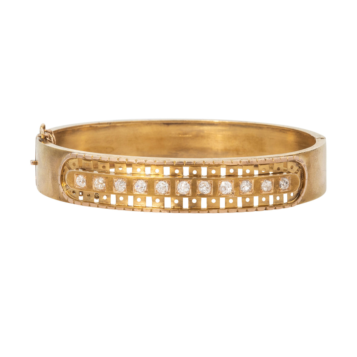 Victorian Style Old Mine Cut Diamond 14K Gold Openwork Bangle