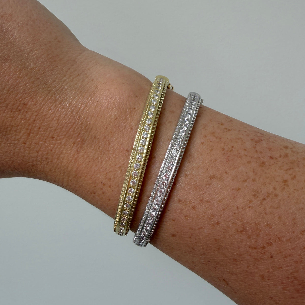 Estate 1.86ctw Diamond 14K Yellow Gold Beaded Edge Bangle, Estate 1.86ctw Diamond 14K White Gold Beaded Edge Bangle