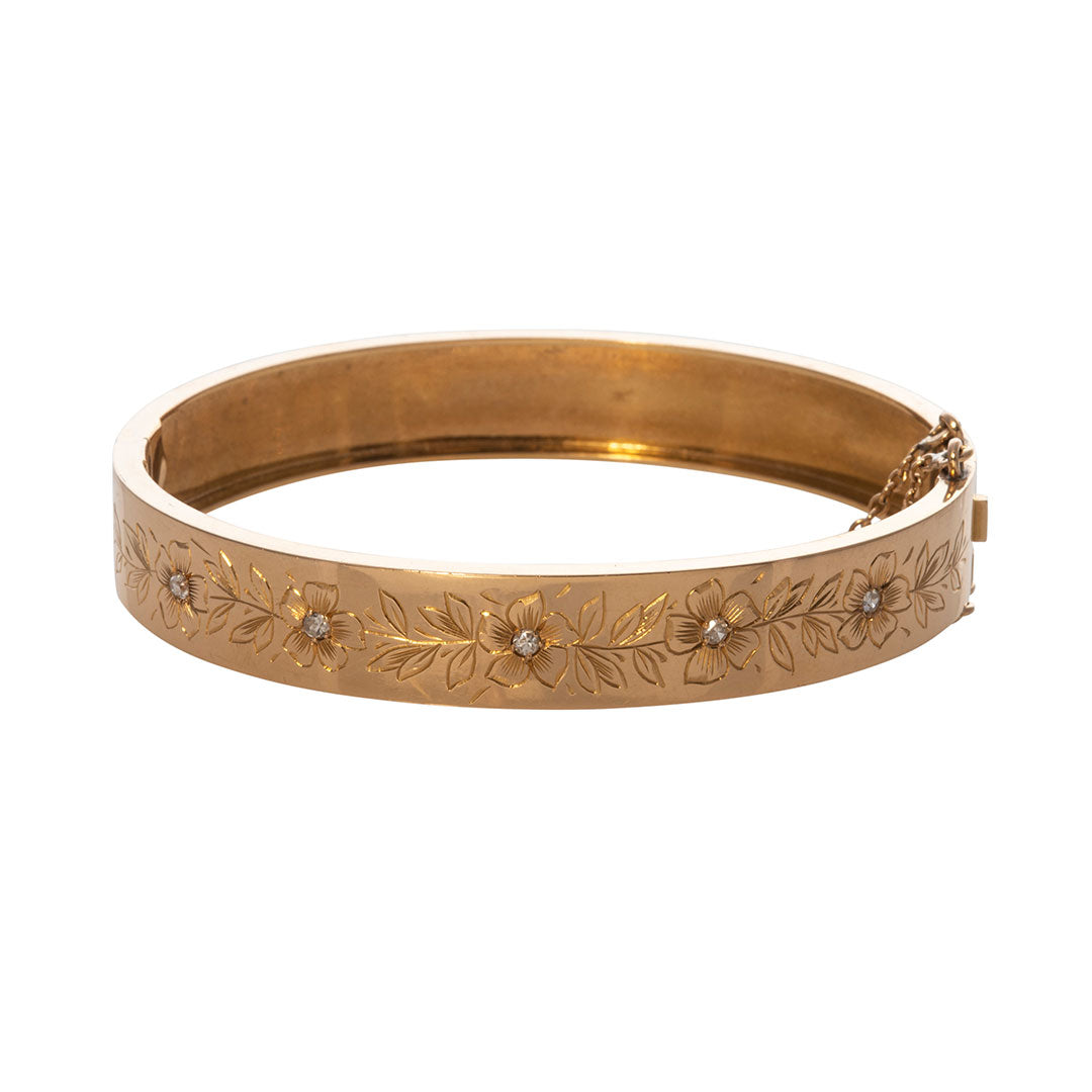 Victorian French Floral Diamond 18K Gold Bangle