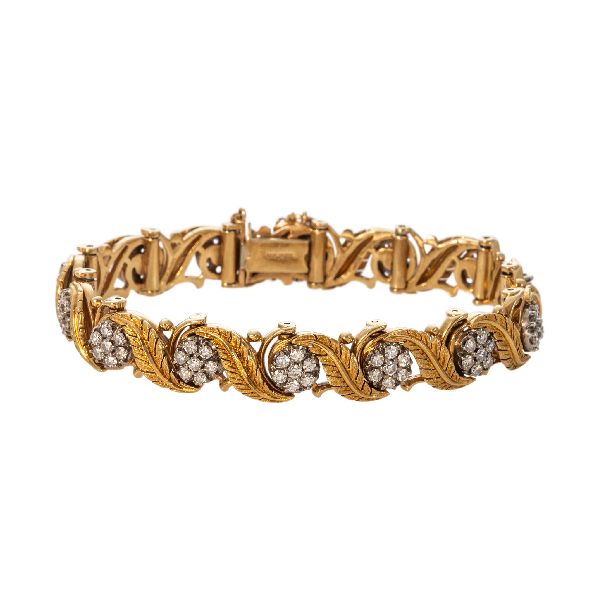 Vintage 3.5ctw Diamond Floral Cluster 14K Gold Leaf Bracelet