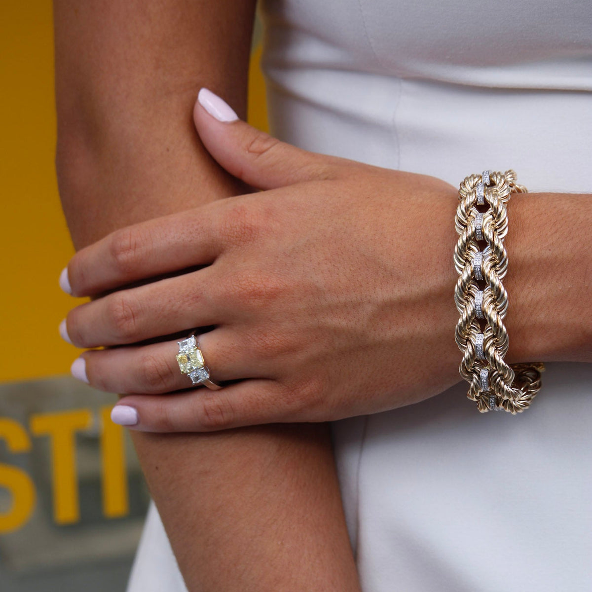 3ctw Radiant Diamond Three-Stone Two-Tone Engagement Ring, The Club Bracelet with Diamonds