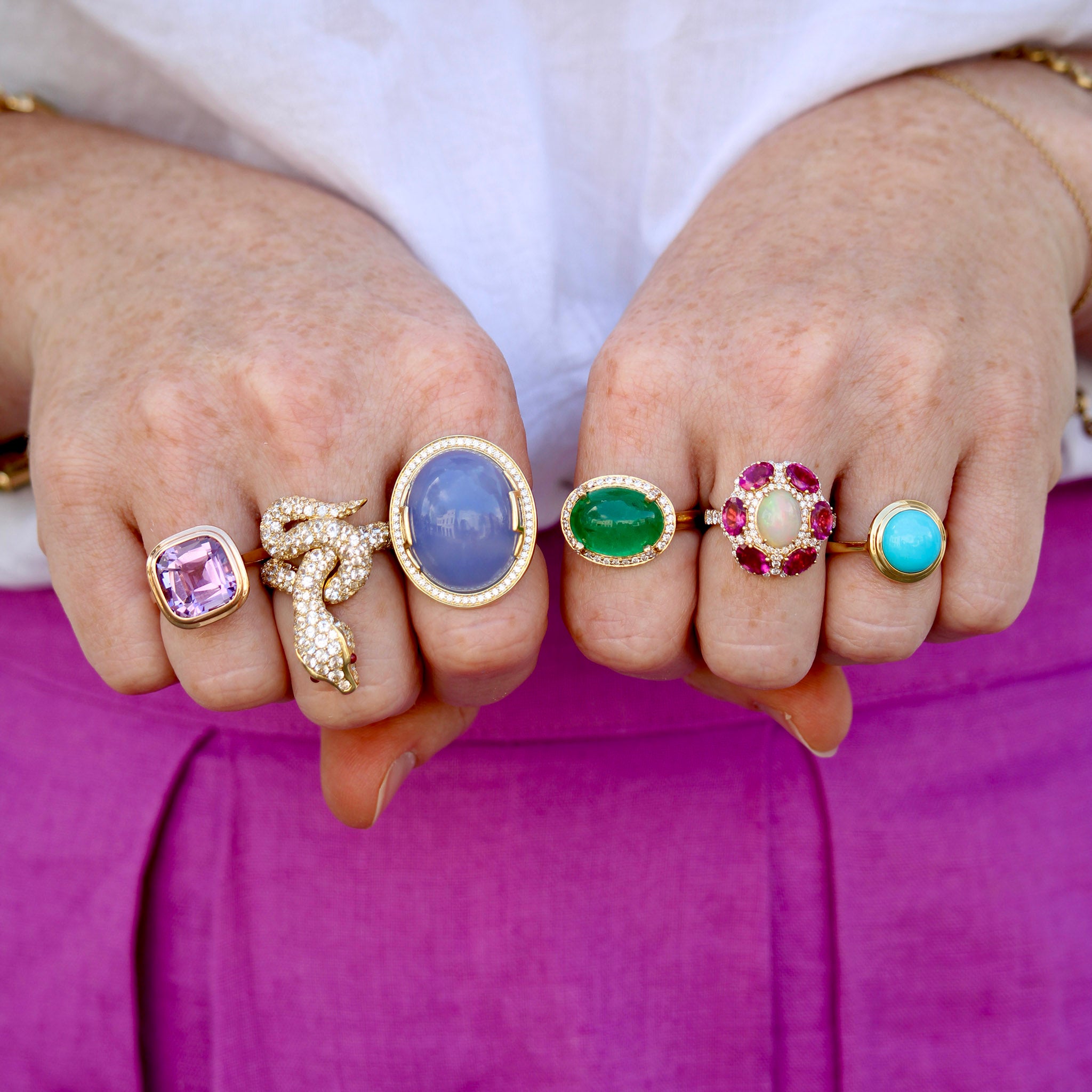 Goshwara Cushion Amethyst Bezel-Set 18K Rose Gold Ring, Goshwara Oval Cabochon Chalcedony & Diamond Halo 18K Gold Ring