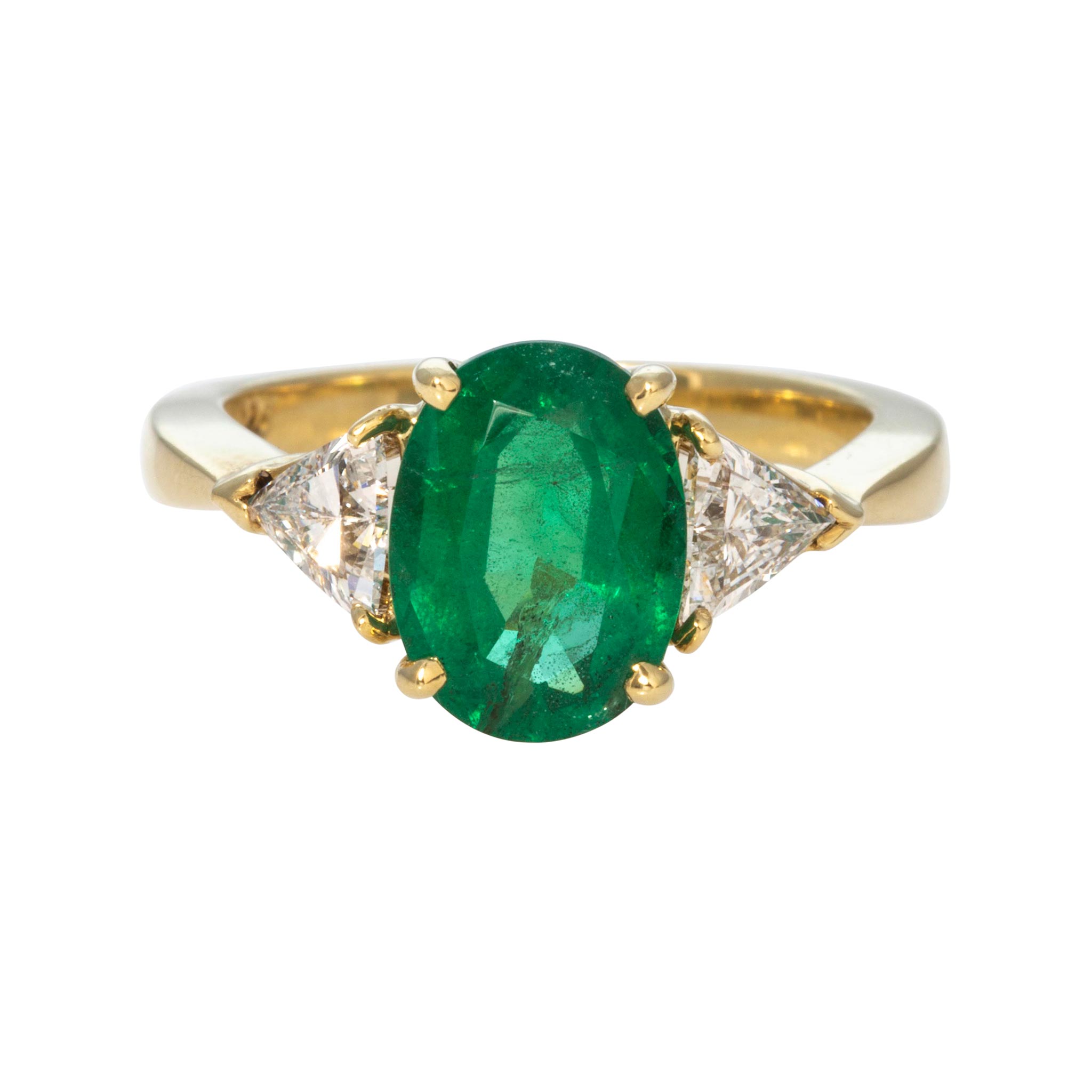 2.43ct Oval Emerald & Trillion Diamond Three-Stone 18K Gold Ring