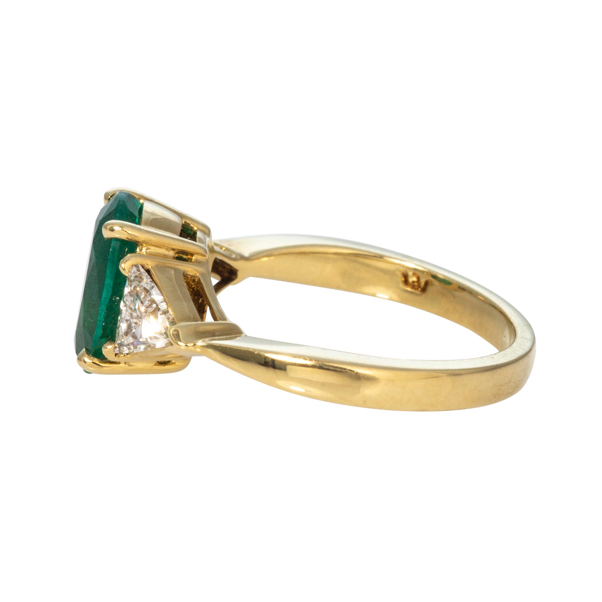 2.43ct Oval Emerald & Trillion Diamond Three-Stone 18K Gold Ring