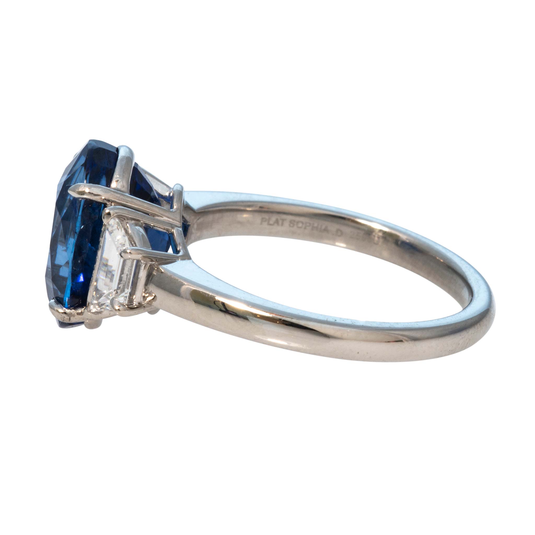 5ct Oval Sapphire & Trapezoid Diamond Three-Stone Platinum Ring