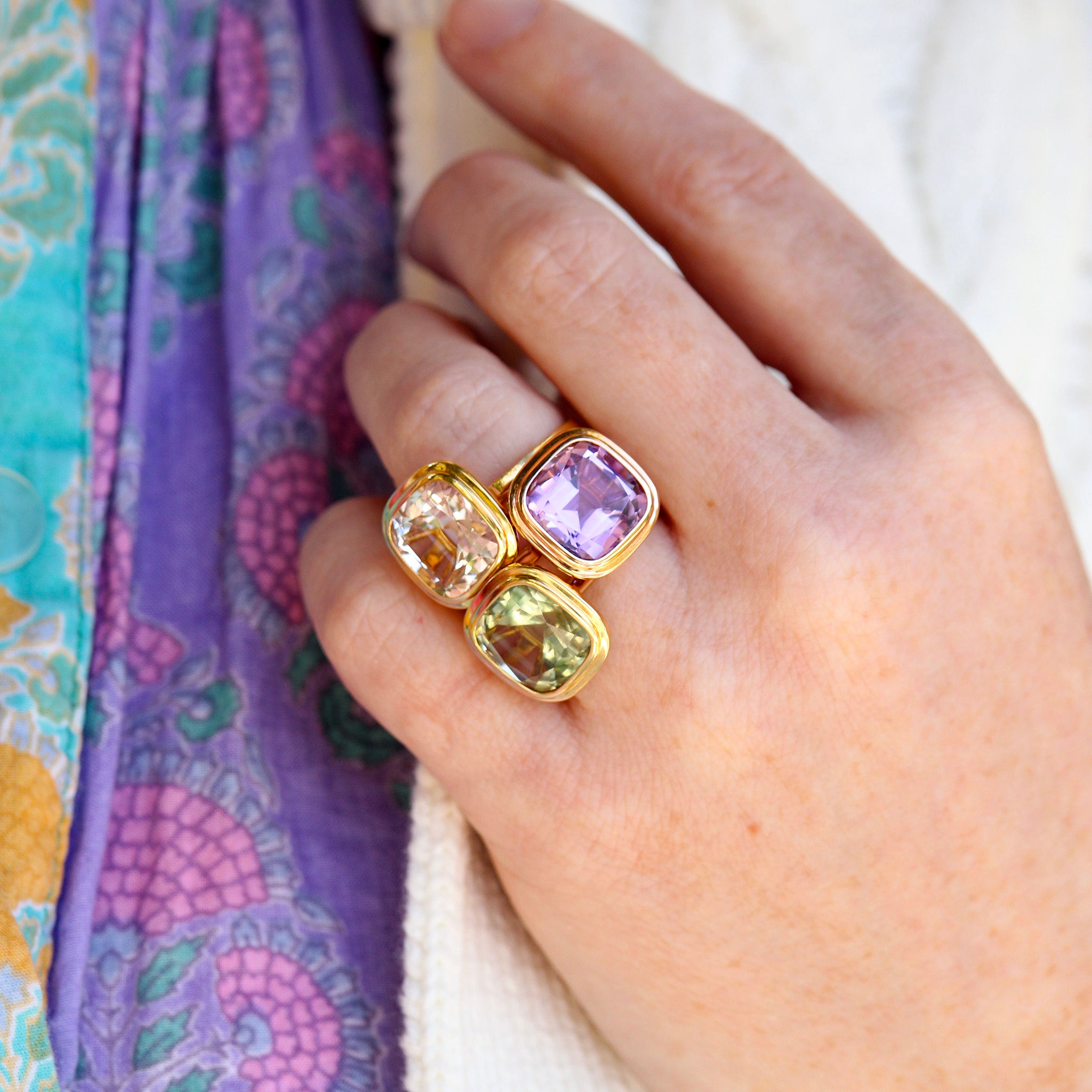 Goshwara Open Gallery Cushion Bezel Rock Crystal 18K Gold Ring, Amethyst 18K Rose Gold Ring, Prasiolite 18K Gold Ring