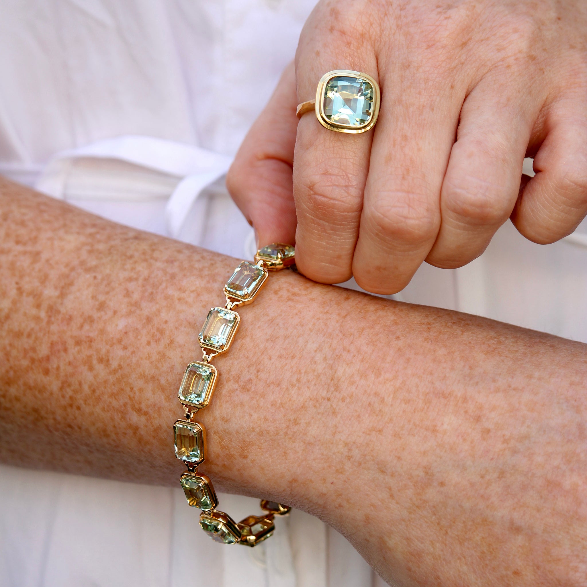 Goshwara Open Gallery Cushion Bezel Prasiolite 18K Gold Ring, Emerald-Cut Prasiolite 18K Yellow Gold Bracelet