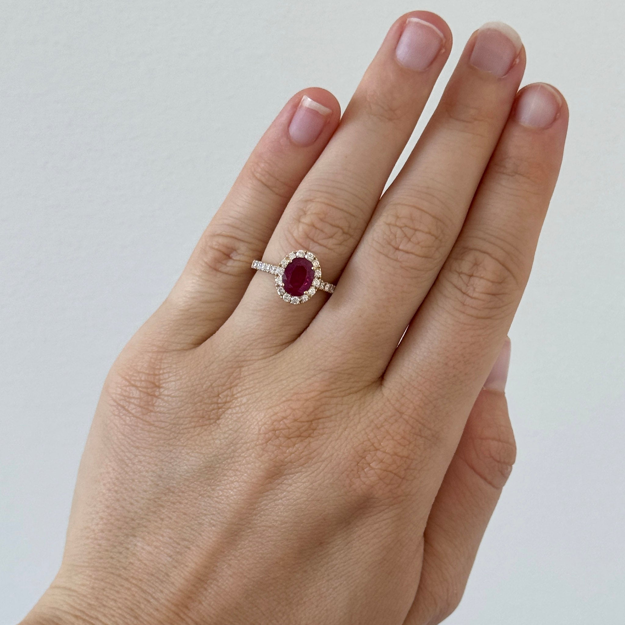 Oval Ruby & Diamond Halo Pavé 18K Yellow Gold Ring