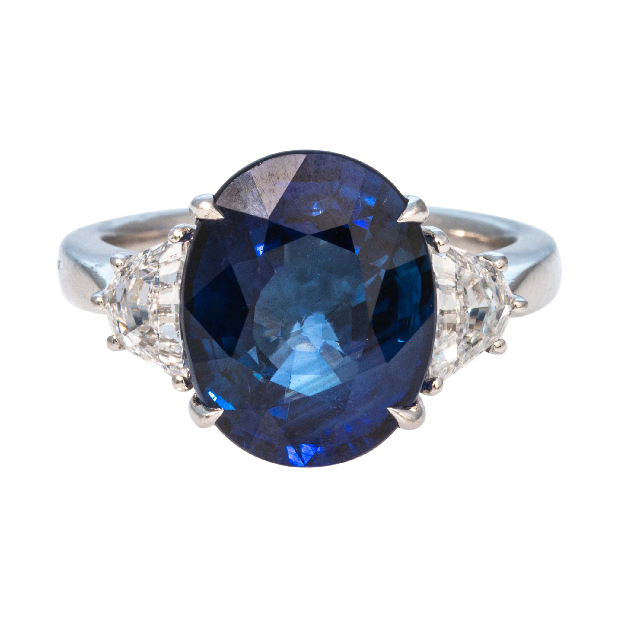 7ct Oval Sapphire & Epaulette Diamond Three-Stone Platinum Ring