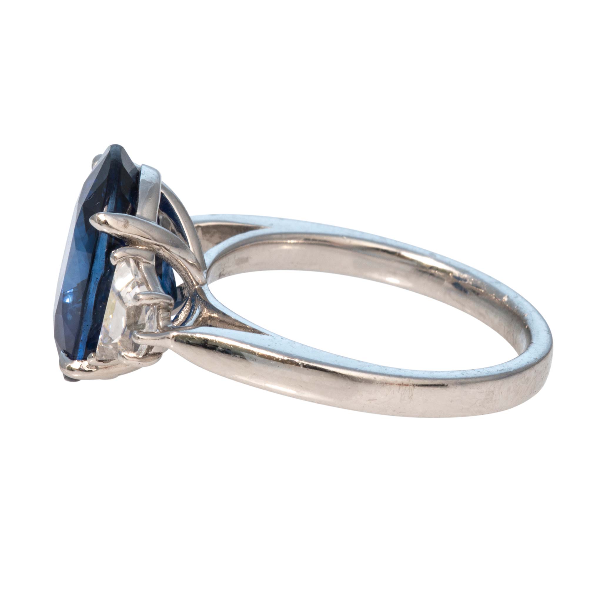 7ct Oval Sapphire & Epaulette Diamond Three-Stone Platinum Ring