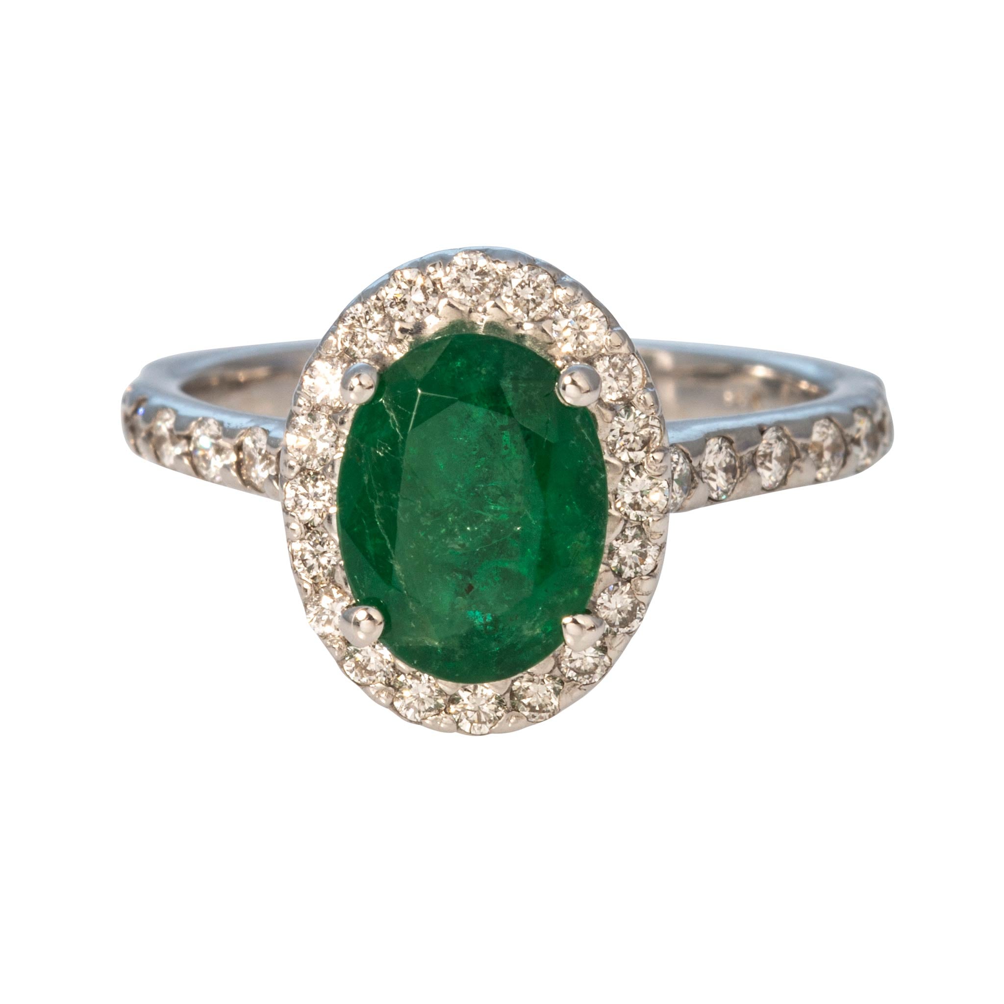 Oval Emerald & Diamond Halo 14K White Gold Ring