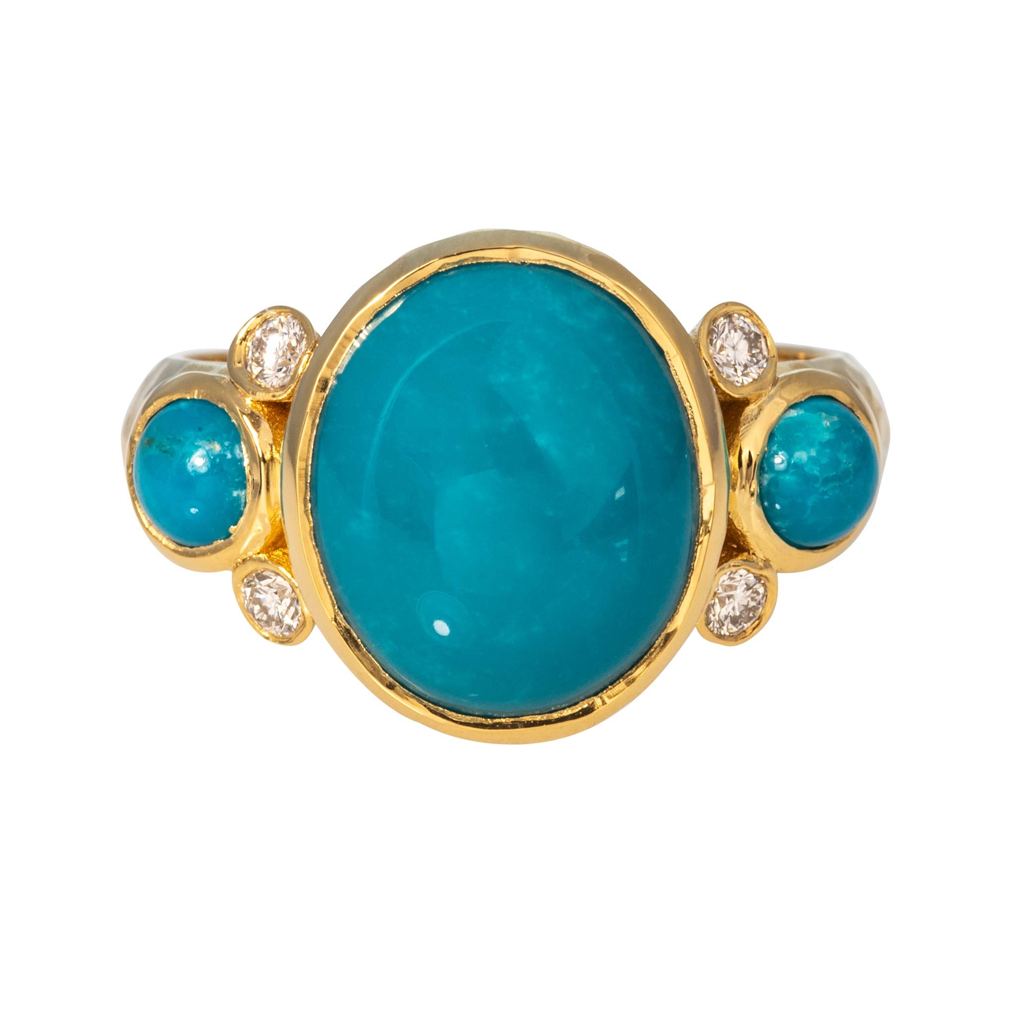Turquoise Three-Stone & Diamond 14K Yellow Gold Ring