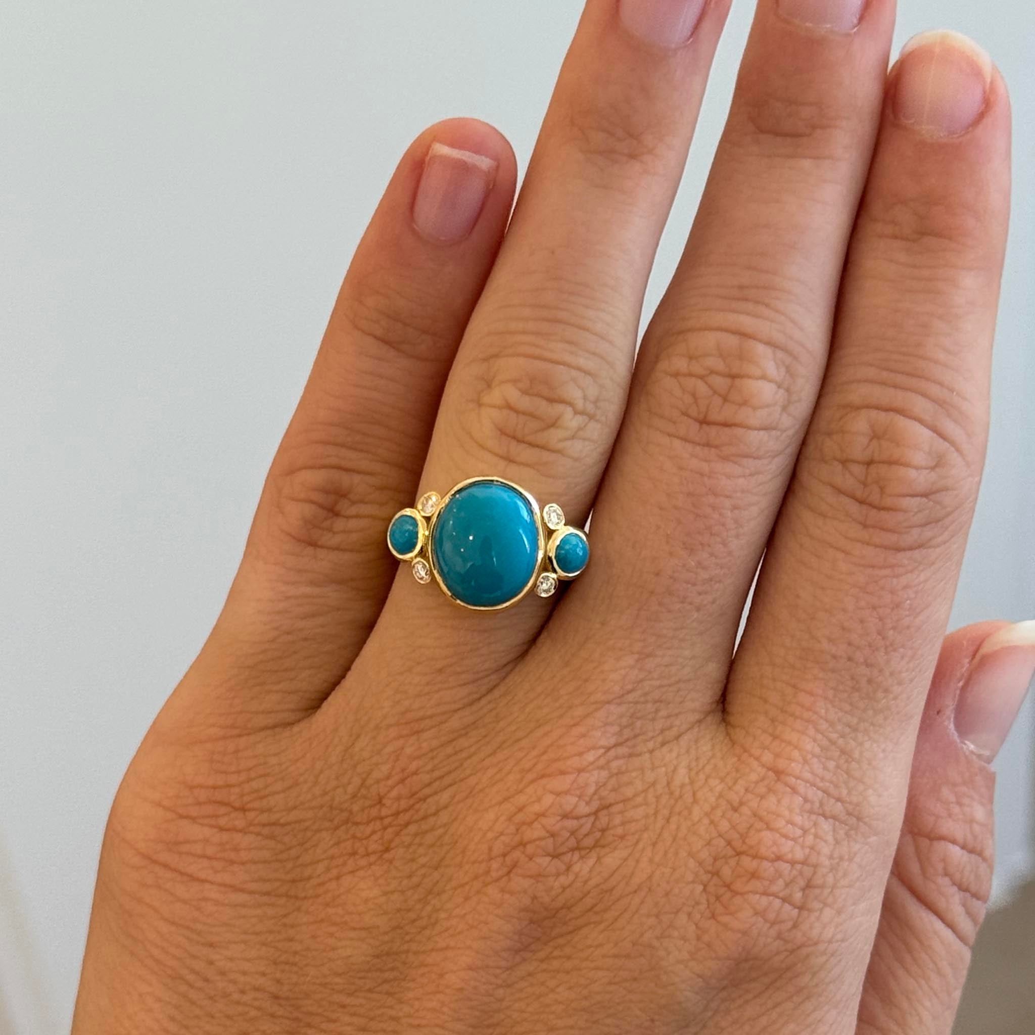 Turquoise Three-Stone & Diamond 14K Yellow Gold Ring