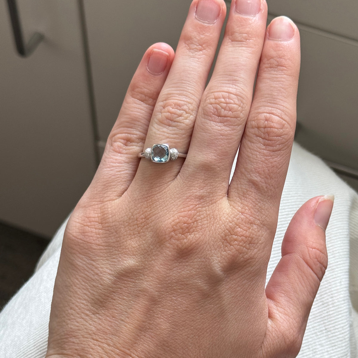 Cushion Blue Topaz & Diamond Pavé 14K White Gold Ring